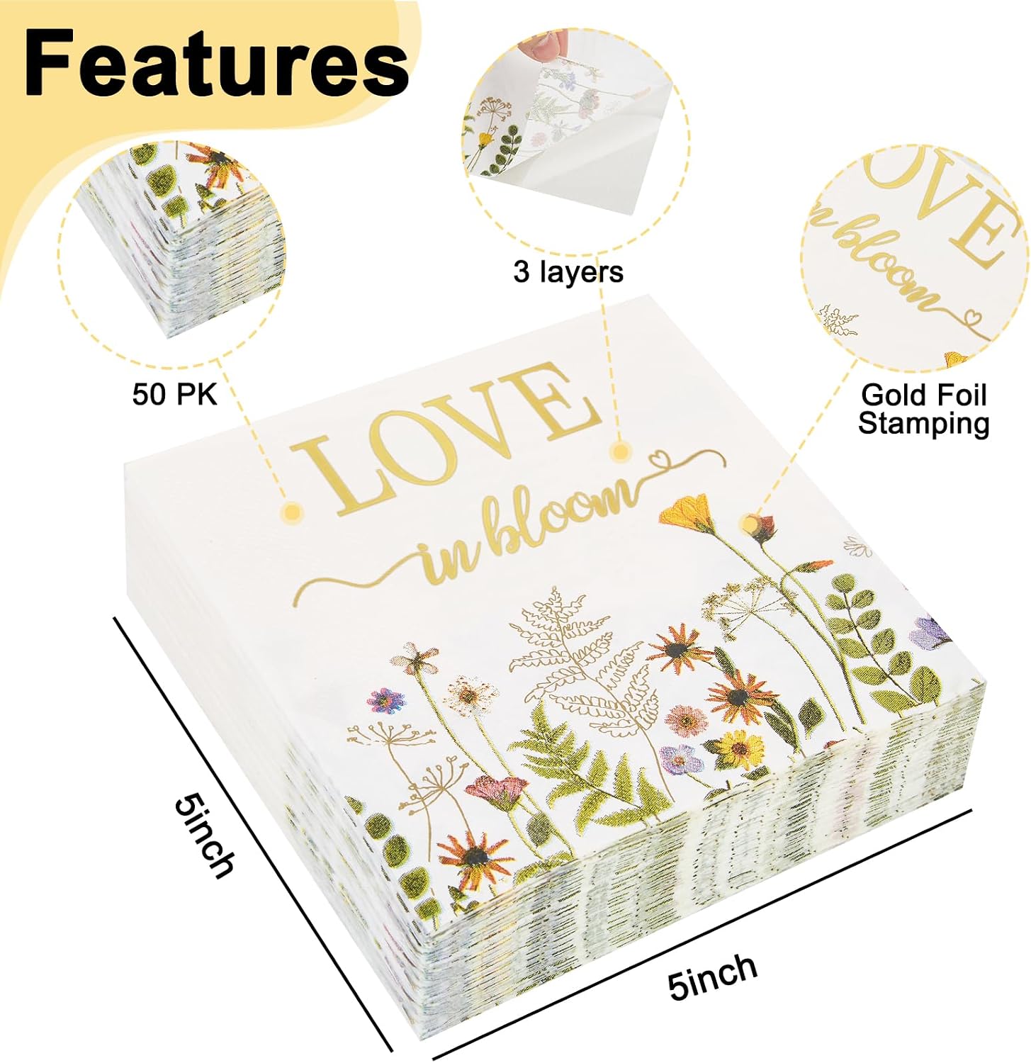 Ottin 50-Pack Floral “Love in Bloom” Valentine's Cocktail Napkins 5x5 Inch – 3-Ply Wildflower Paper Napkins for Bridal Shower, Engagement, Wedding, Birthday, Baby Shower, Mother's day