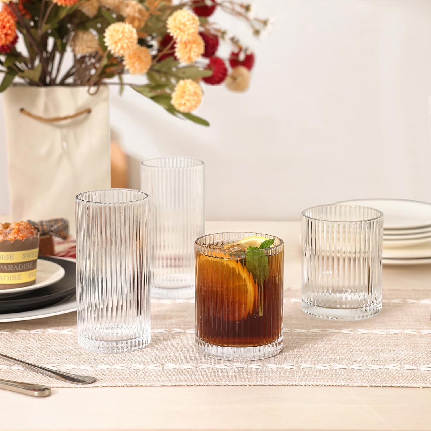 Moretoes Ribbed Drinking Glasses Set of 12, Glassware Clear Water Glass Cups, 6 Highball Glasses 12 Oz, 6 Rocks Glass 13 Oz, RibbedKitchen Bar Tumbler for Wine, Juice, Ice Coffee, Whiskey