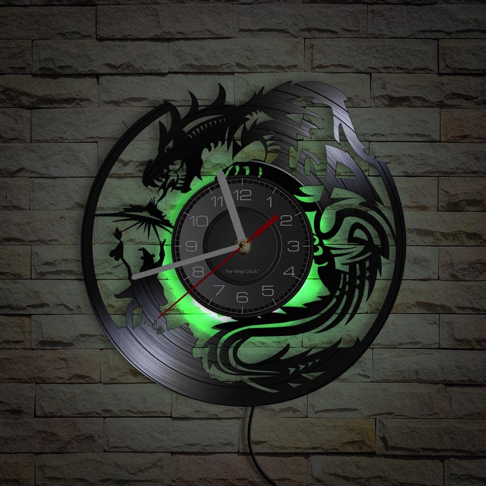 Horloge murale en vinyle avec motif dragon volant dans le ciel et télécommande LED pour les amateurs d'anime