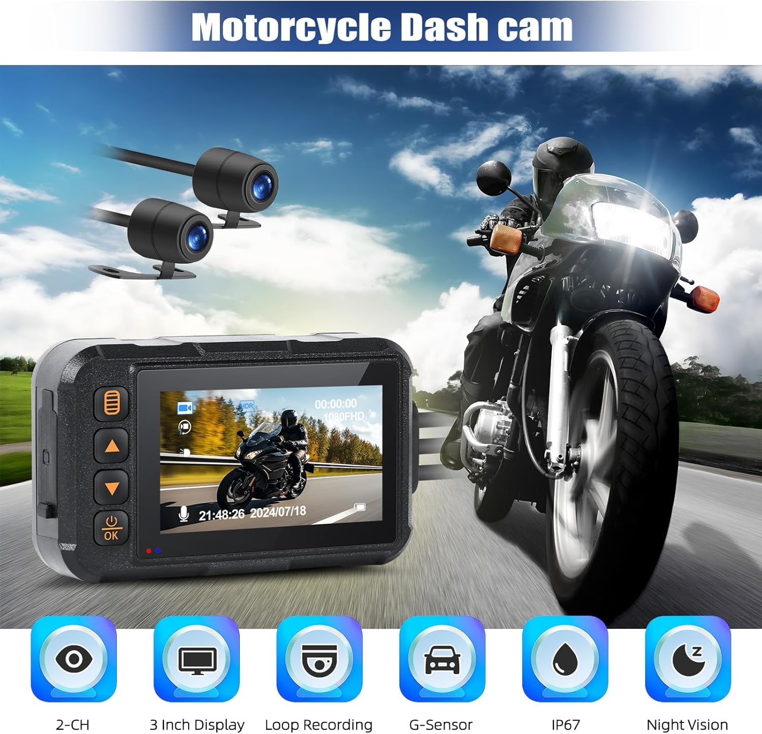 CAMECHO Moto Dash CAM Pantalla de 3 Pulgadas, IP67 Impermeable, Doble Cámara Gran Angular 120 Grados, Cámara para Moto de 90 Grados con HDR, Sensor G, Grabación en Bucle