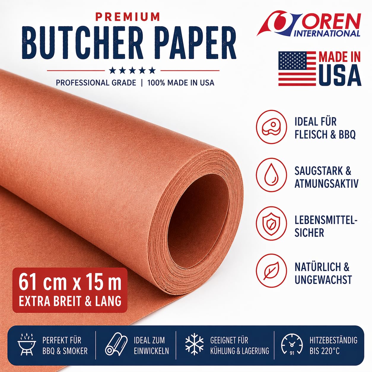 Pink Butcher Paper - Carta originale US-IMPORT – 15 m x 61 cm – per BBQ Smoker Grill