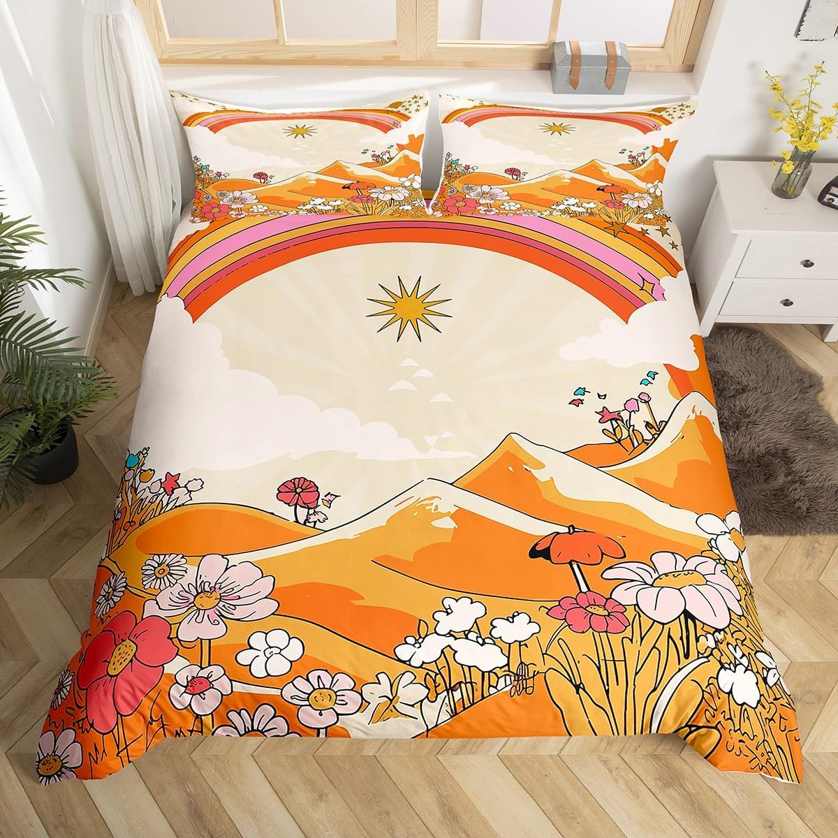 Hippie Cartoon Duvet Cover Queen for Children,70s Scenery Bedding Set Modern Room Gift,Sun Mushroom Flowers Rainbow Comforter Cover with 2 Pillowcases, Ultra Soft Bed Spread