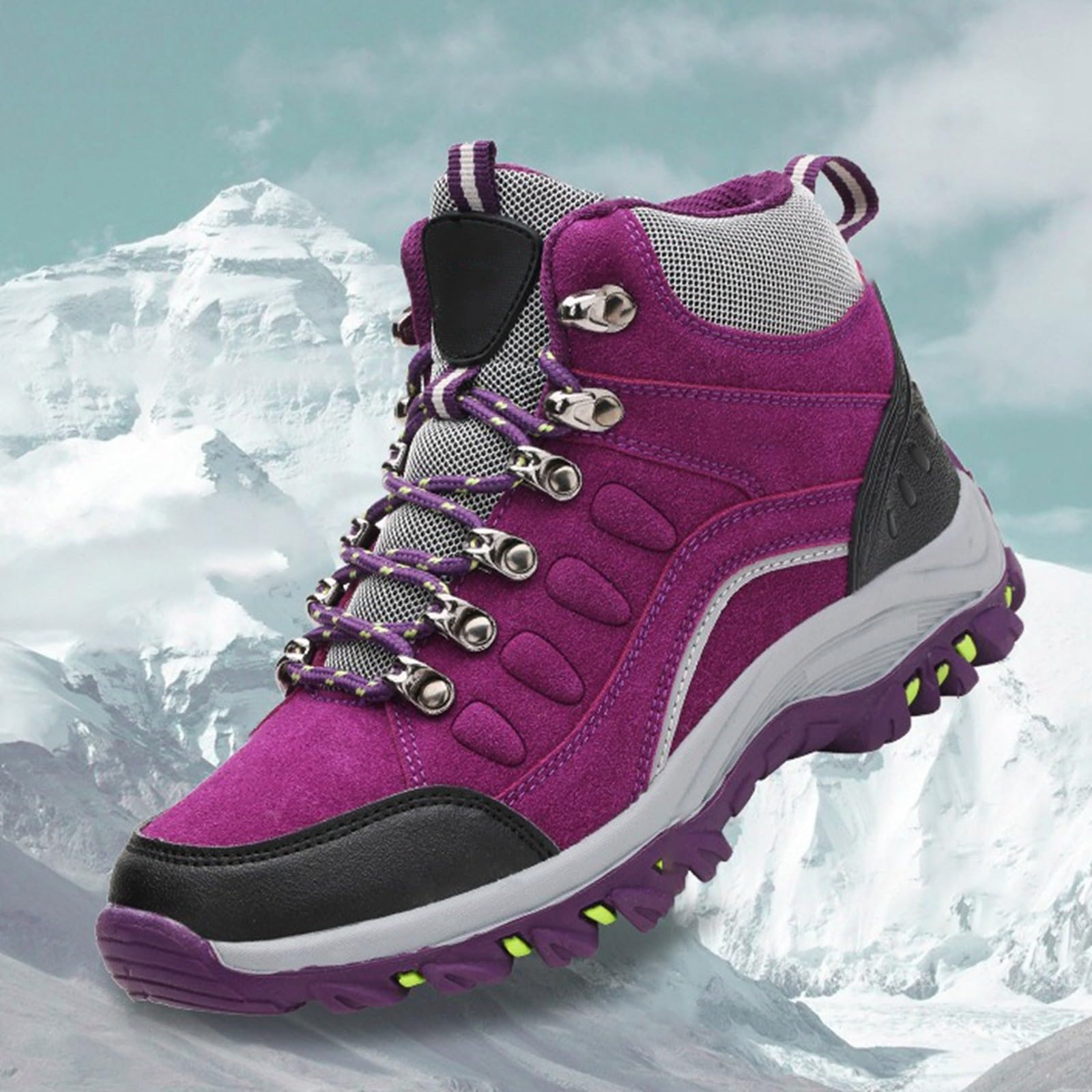 Botines senderismo Altos Mujer impermeable antideslizante, zapato Trekking Montaña suela dentada aislada, 3 colores azul púrpura rojo para caminar, camping al aire libre