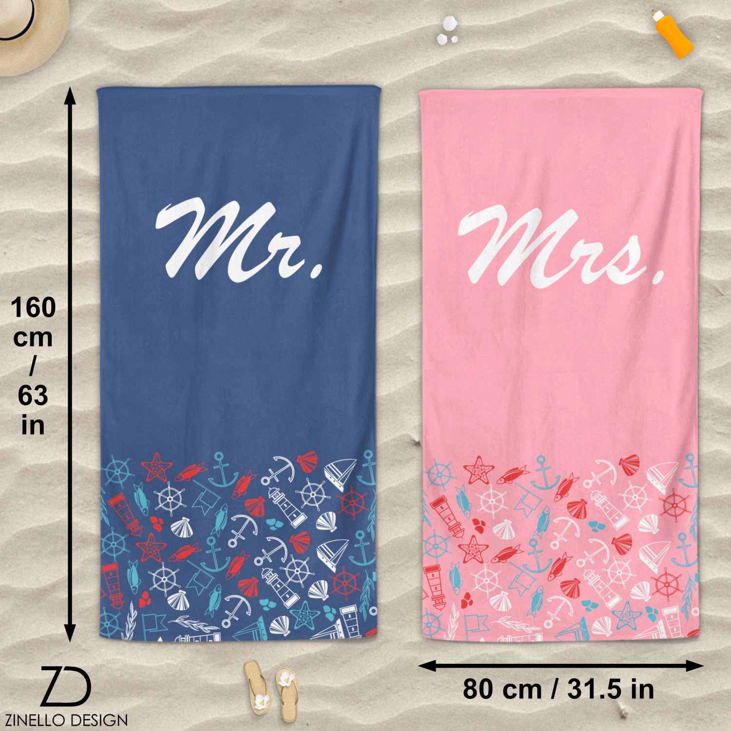 Set Asciugamani Spiaggia Coppia Mr &amp; Mrs - Microfibra 160x80cm, Ultra Assorbenti