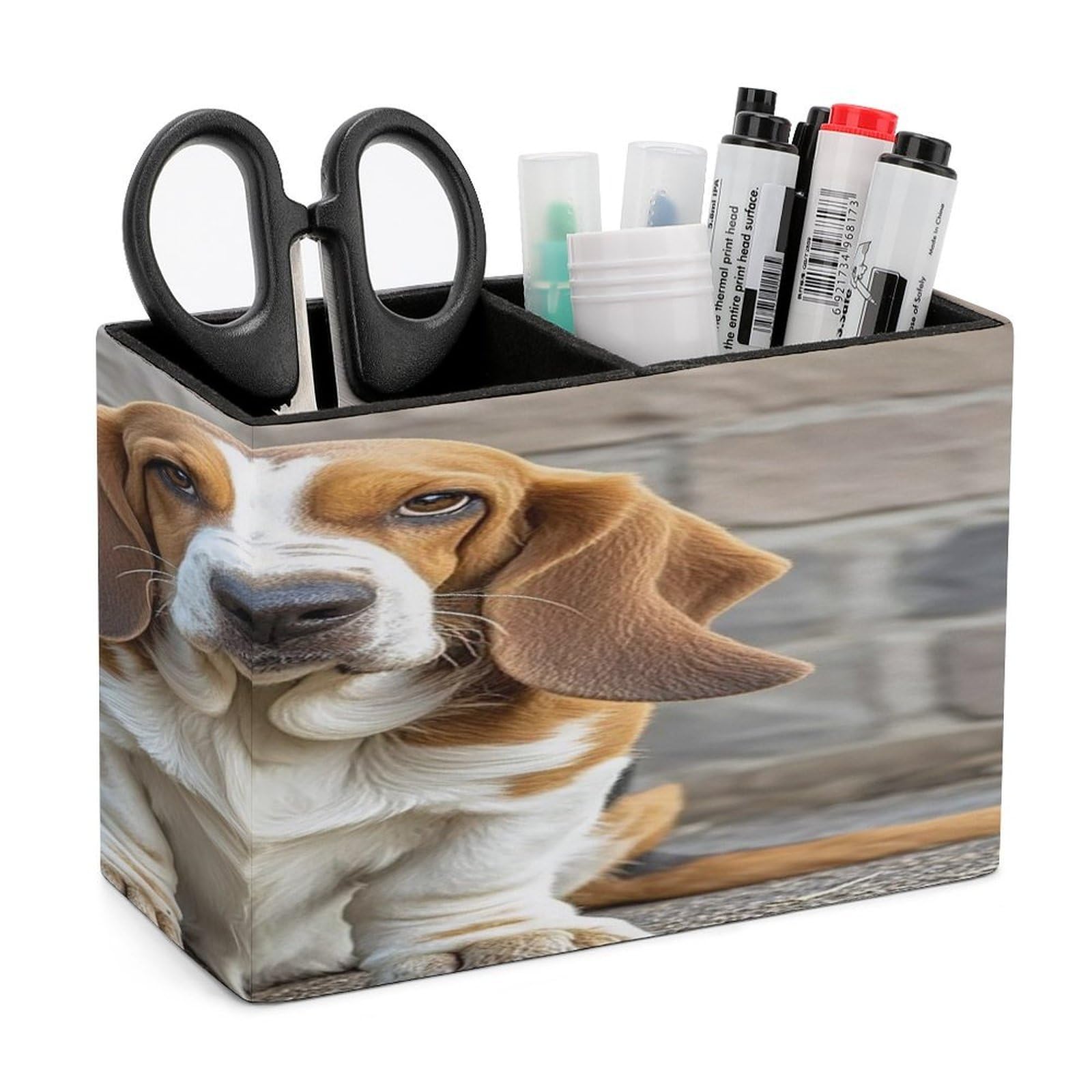 LZQPOEAS Basset Hound Leather Pen Holder with 2 Compartments Luxury Pencil Holder Minimalist Pencil Cup Brush Scissor Holders Elegant Pen Cup for Office Home Desk Accessories