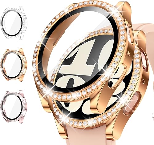 Miniatura 1 de Goton Paquete de 3 fundas brillantes para Samsung Galaxy Watch 6, protector de pantalla de 1.575 pulgadas, vidrio templado con purpurina de diamante