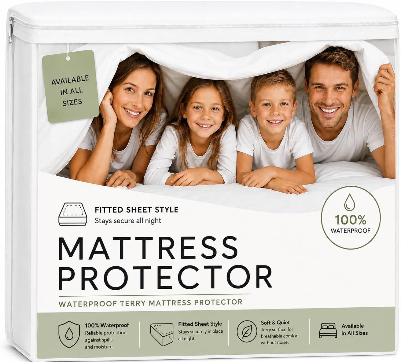 Full Waterproof Mattress Protector 12" Deep, Terry Cotton, White