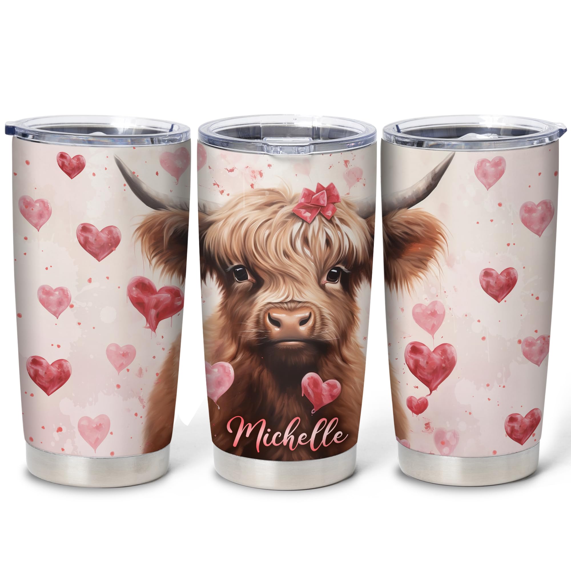 Hyturtle Personalized Gifts Highland Cow Lover - Highland Cow Love Hearts Custom Name Stainless Steel Tumbler 20oz - Cute Farm Animal Lover Gifts For Women, Girl On Birthday, Valentine, Christmas