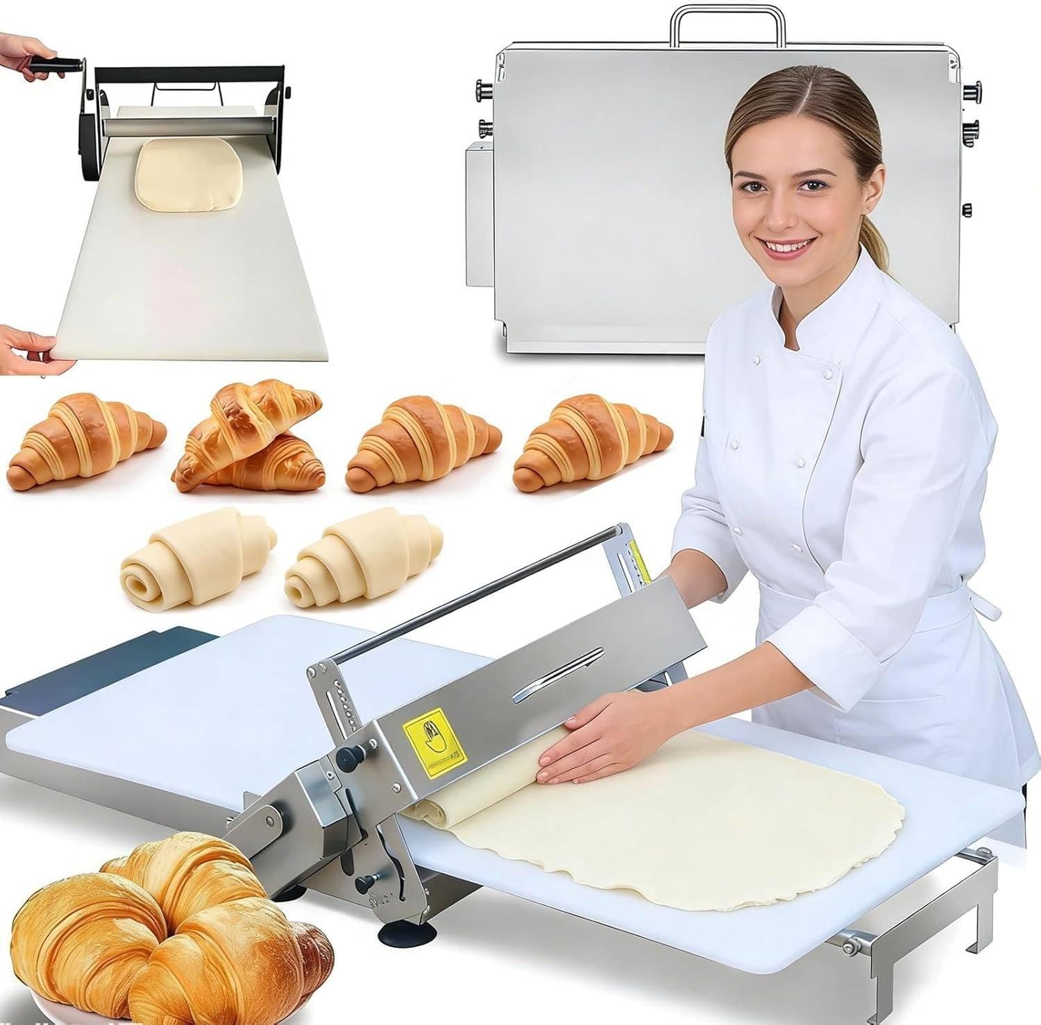 Sfogliatrice manuale per impasto, regolabile, in acciaio inox, con grande tavola per pizza, cornetti, pasticceria, 30 x 60 cm, 55 mm di spessore