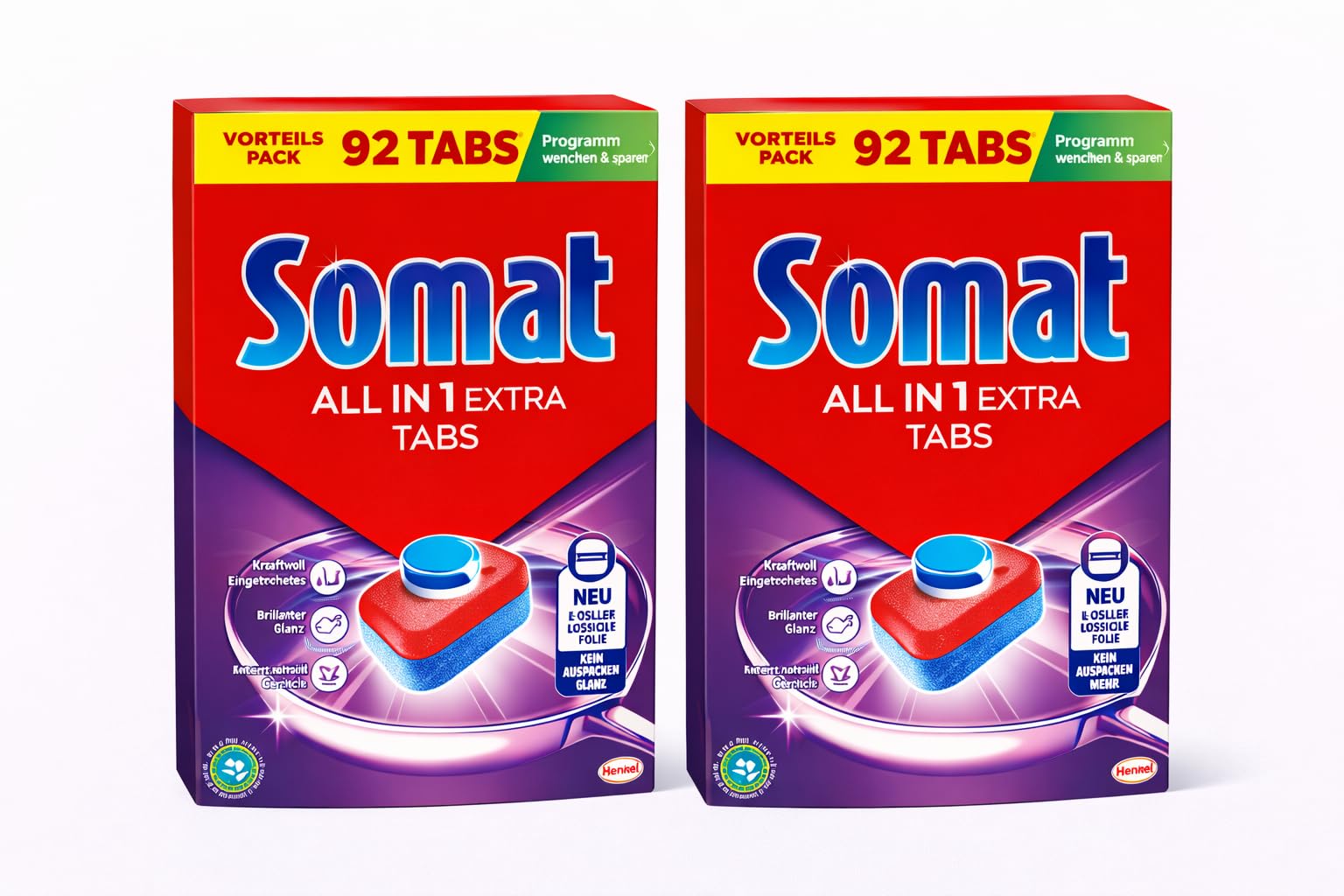 SOMAT All in 1 Extra Spülmaschinen Tabs (2x 92), Geschirrspül Tabs für strahlend sauberes Geschirr auch im Niedrigtemperatur-, Kurz- & Eco-Programm, entfernt Eingekrustetes