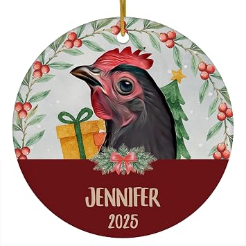 Personalized Name Black Australorp Chicken Hen Christmas Ornament 2026 Holly Berry Frame Circle Ceramic Xmas Tree Decor Pet Portrait Keepsake Gifts for Australorp Chicken Lovers