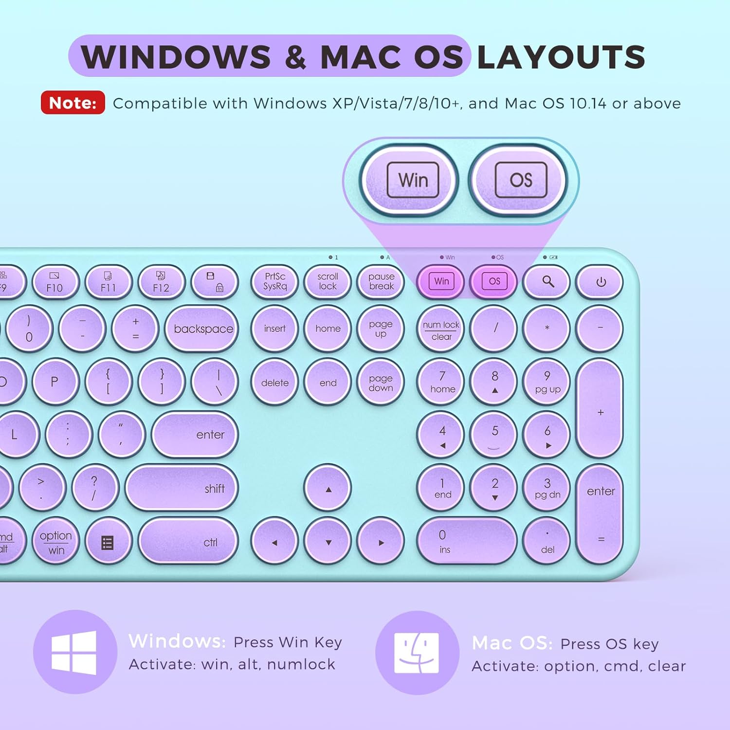 Close-up of the keyboard showing the 'Win' and 'OS' keys for switching between Windows and Mac OS layouts.