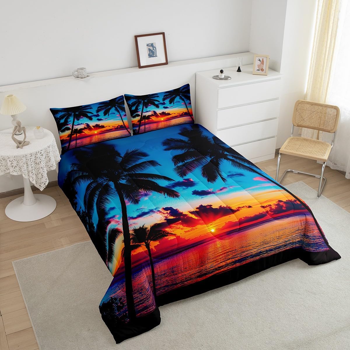 Feelyou Ocean Beach Themed Bedding Set Queen Size,Tropical Sunset Beach with Palm Trees Comforter Set,Peaceful Sea Marine Palm Tree Comforter Bright Hawaii Style Duvet Set 1 Comforter 2 Pillowcase