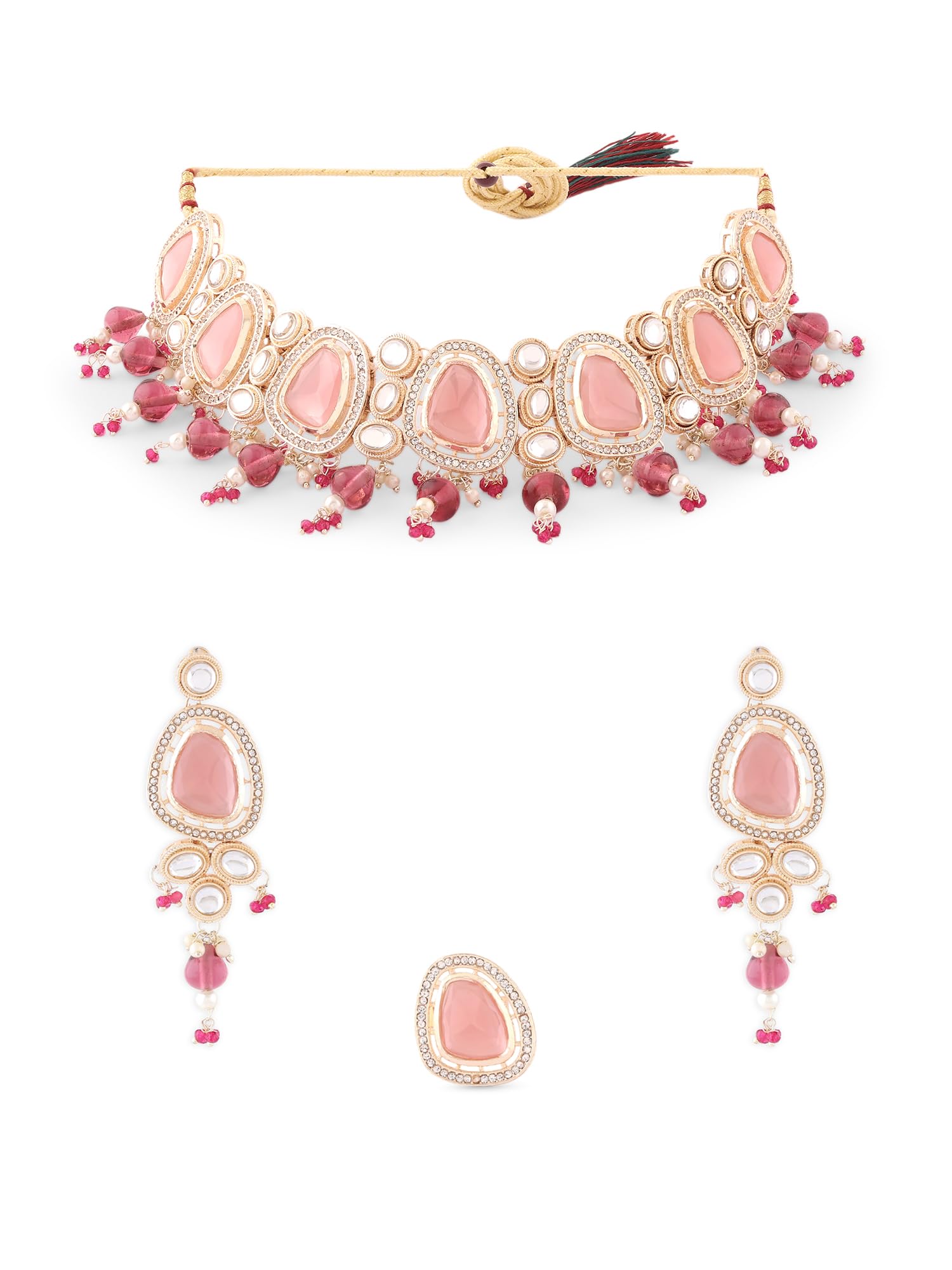 ZAVERI PEARLS Pink Colour Artificial Stones & Beads Choker Necklace Earring & Ring Set For Women -ZPFK16181 (B0C9QBS24B) Amazon Price History, Amazon Price Tracker