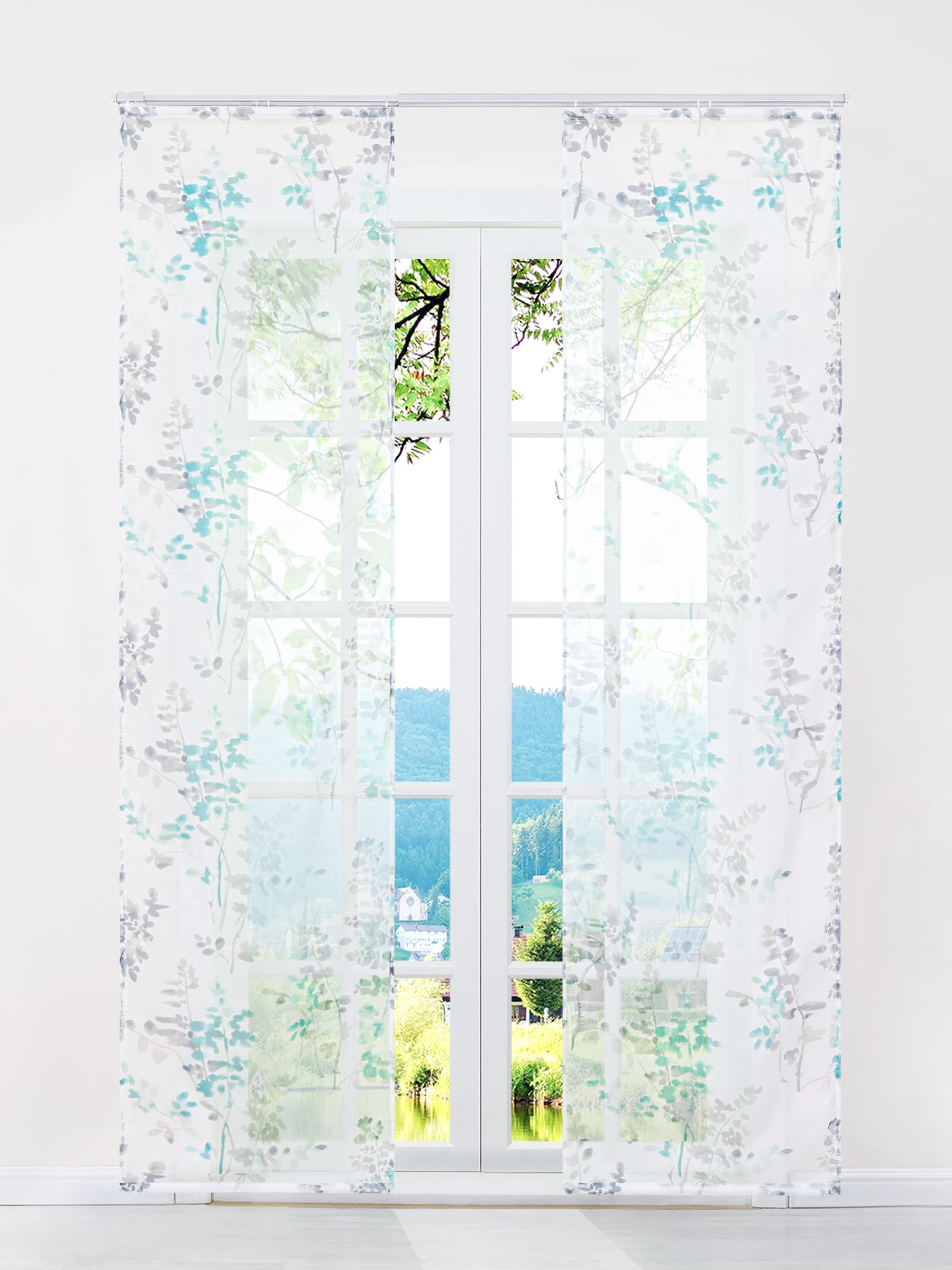 ESLIR Schiebegardinen Voile Flächenvorhänge Set 2er Gardinen mit Klettband Schiebevorhang Transparent Vorhang mit Blätter Muster Grün BxH 57x245cm 2 Stück