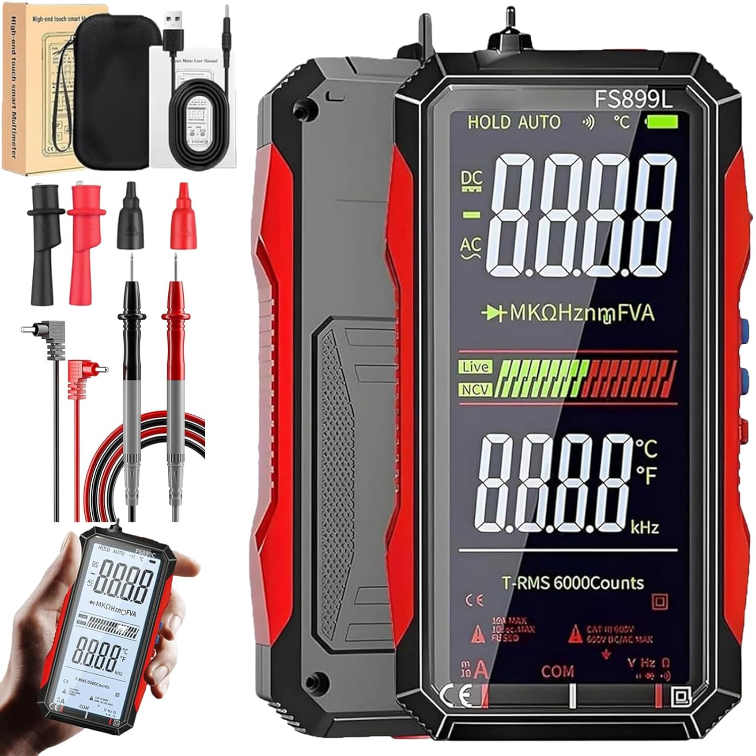 Digital Multimeter, USB Rechargeable Digital Multimeter, Automatic Digital Display Multimeter Tester AD/DC Voltage Current Tester, for Industrial Electrical Issues (FS899L)