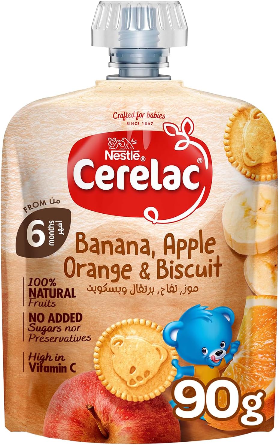 Nestle Cerelac Baby Food Fruits and Biscuits Puree Pouch Banana, Apple, Orange & Biscuit, High in Vitamin C, No artificial flavors, No preservatives. 90G (6m+)