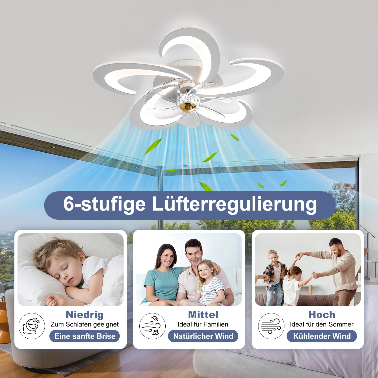 Ventilatore da Soffitto Moderno con Luce, Dimmerabile LED Plafoniere con Telecomando, Silenzioso Lampada Ventilatore da Soffitto per Soggiorno, 6 Velocità/Reversibili