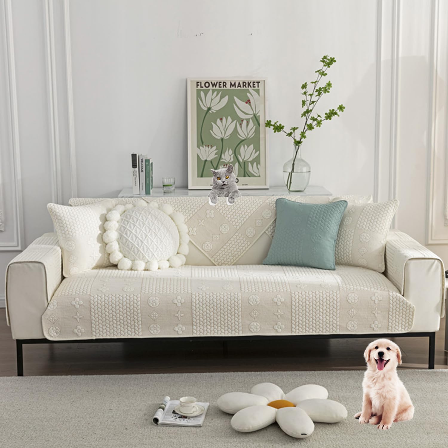 Housse de canapé inclinable velours extensible beige pour stopper les glissements