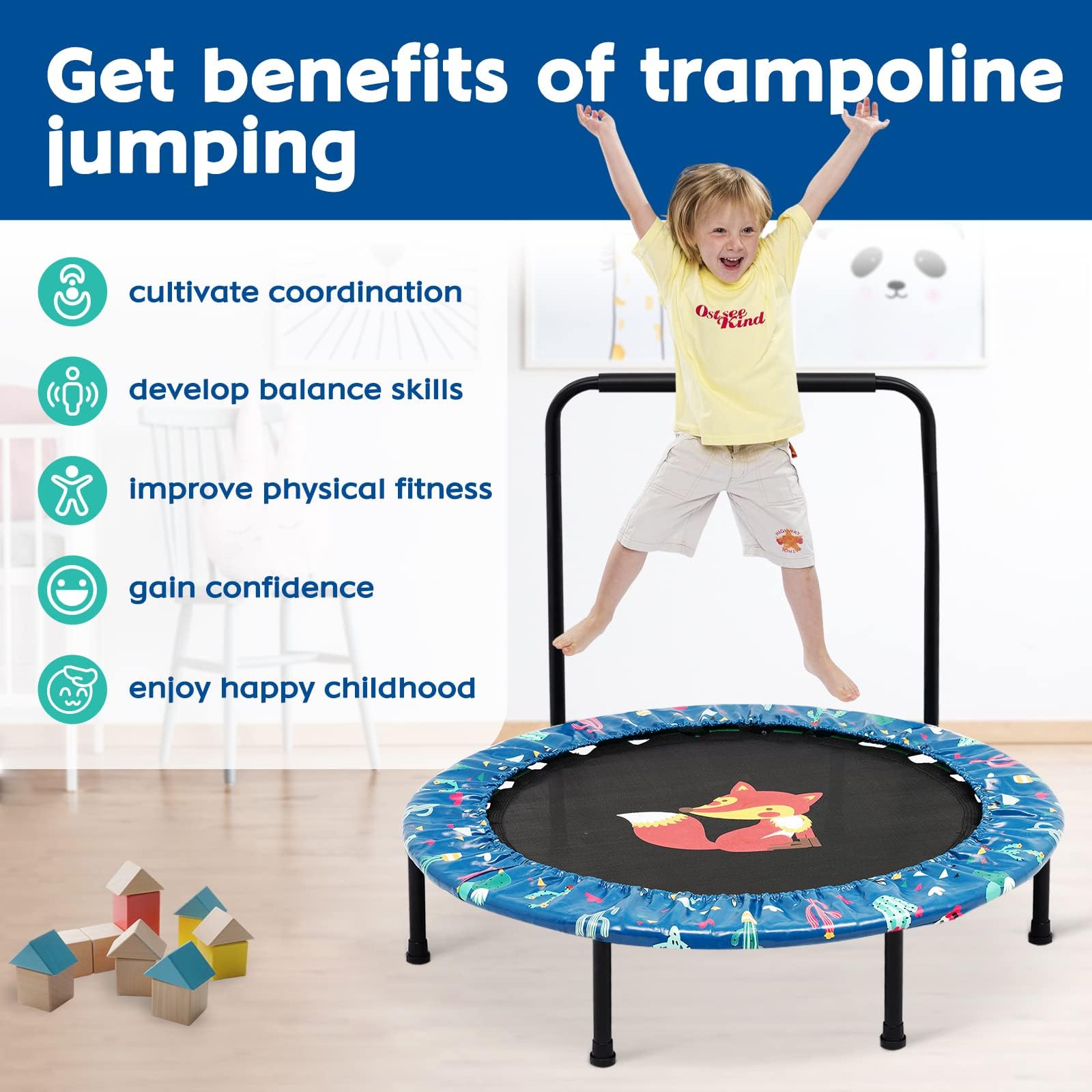 Trampoline Enfant Ø96cm Pliable - Avec Poignée Réglable & Bordure De Sécurité - Pour Intérieur/Extérieur - Dès 3 Ans