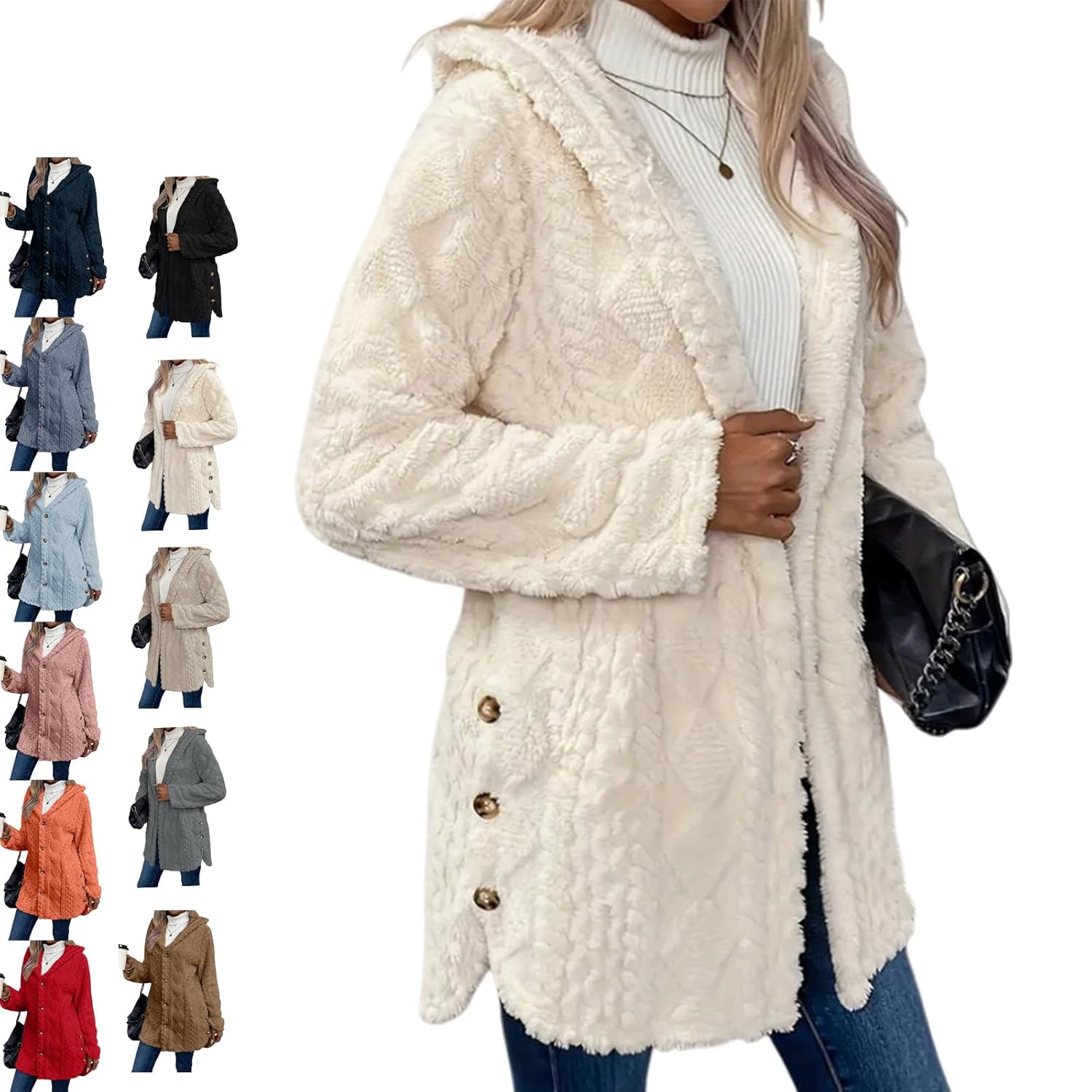 8 Sizes Womens Fall Winter Warm Fashion Jacquard Hooded Cardigan Long Sleeve Coat for Casual Daily Wear