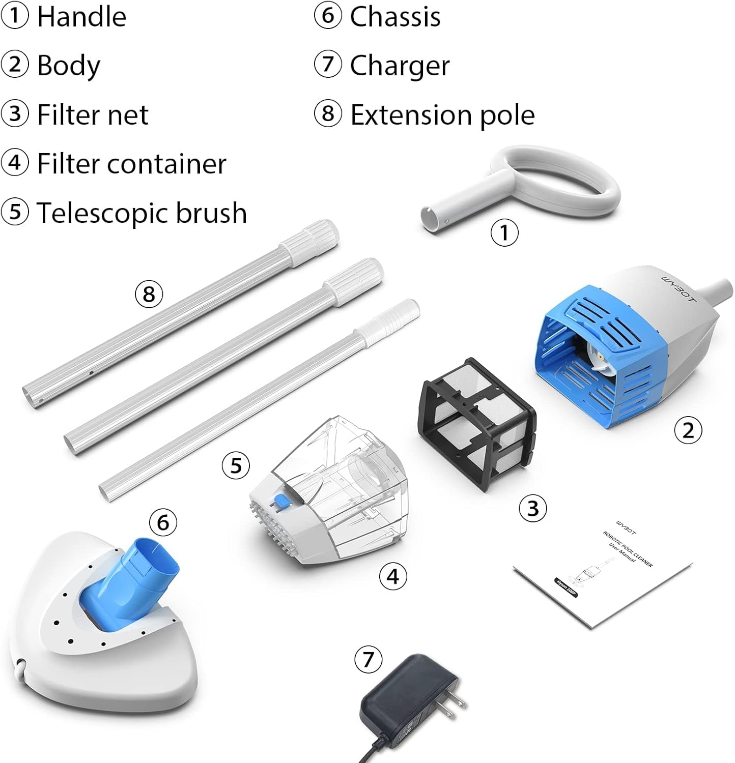 (2026 New) WYBOT Hyson 100P Handheld Pool Vacuum with Telescopic Alum Pole, Rechargeable Handheld Vacuum Cleaner, Replaceable Chassis, 60-Mins, Mesh Iron Filter, Ideal for Above & Inground Pools, Spas