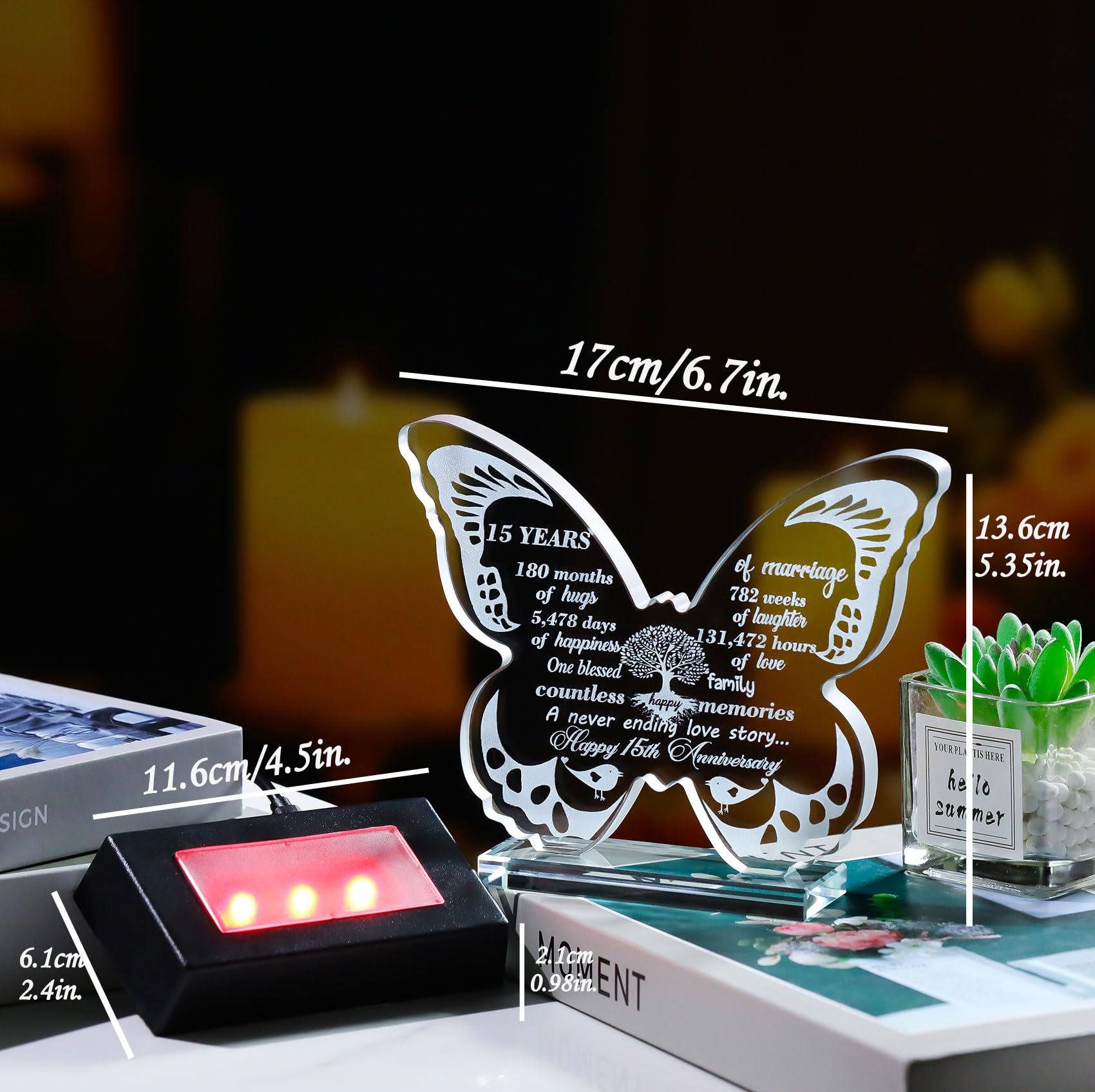 Ornalrist Happy 15th Wedding Anniversary Romantic Gifts for Couples Wife 13.6cm Glass Butterfly-shaped 15 Years of Marriage Keepsake with LED Base Ideas Presents for Friends Daughter - Image 3