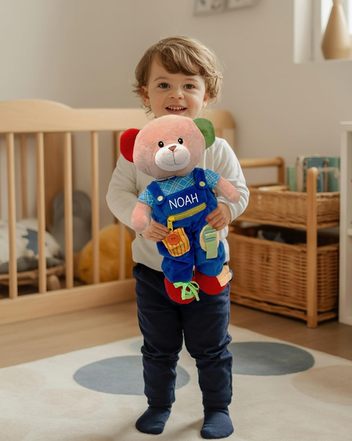Linzy Personalized 16’’ Soft Educational Teddy Bear with Removable Outfit – Plush Learning Toy with Buttons Zippers Snaps for Toddlers Kids – Fine Motor Skills, Problem Solving Practice