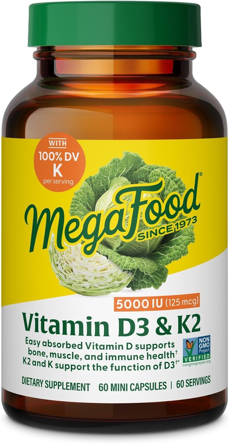 MegaFood Vitamin D3 5000 IU (125 mcg) – Vegetarian Supplements with Vitamin D3 K2 – Supports Bones, Teeth, Muscles & Immune Health – Certified Non-GMO – 60 Mini Capsules, 60 Servings