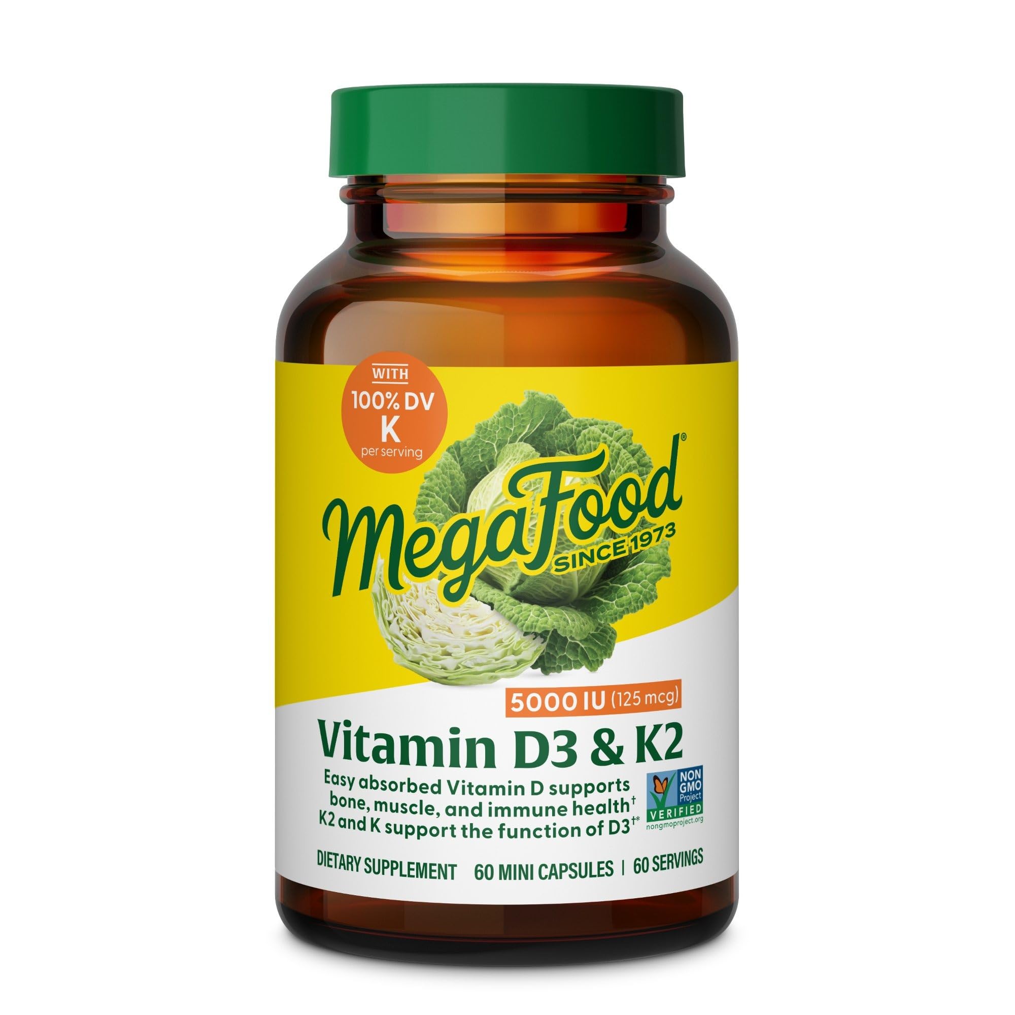 MegaFood Vitamin D3 5000 IU (125 mcg) - Vegetarian Vitamin D Supplements with Vitamin D3 K2, Supports Bones, Teeth, Muscles & Immune Health, Certified Non-GMO - 60 Mini Capsules, 60 Servings