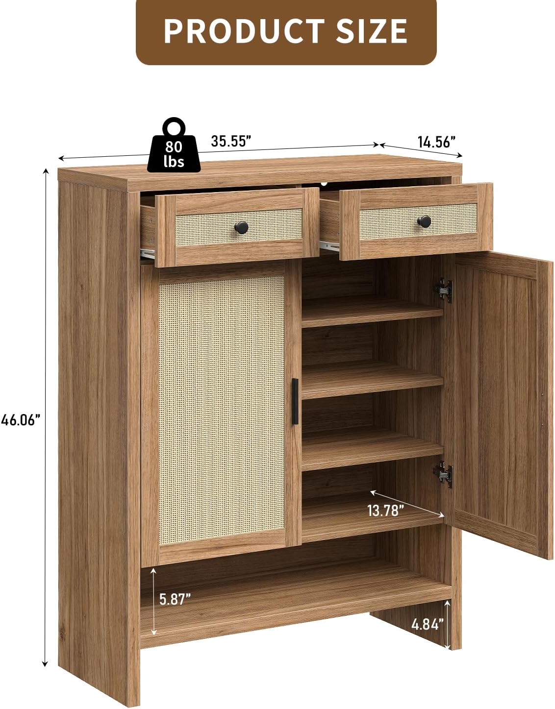 46" Rattan Shoe Cabinet with 4 Adjustable Shelves & 2 Storage Drawers, Modern Boho Shoe Organizer with Large Tabletop & Open Lower Shelf, Entryway Hallway Cabinet for Shoes and Boots, Walnut