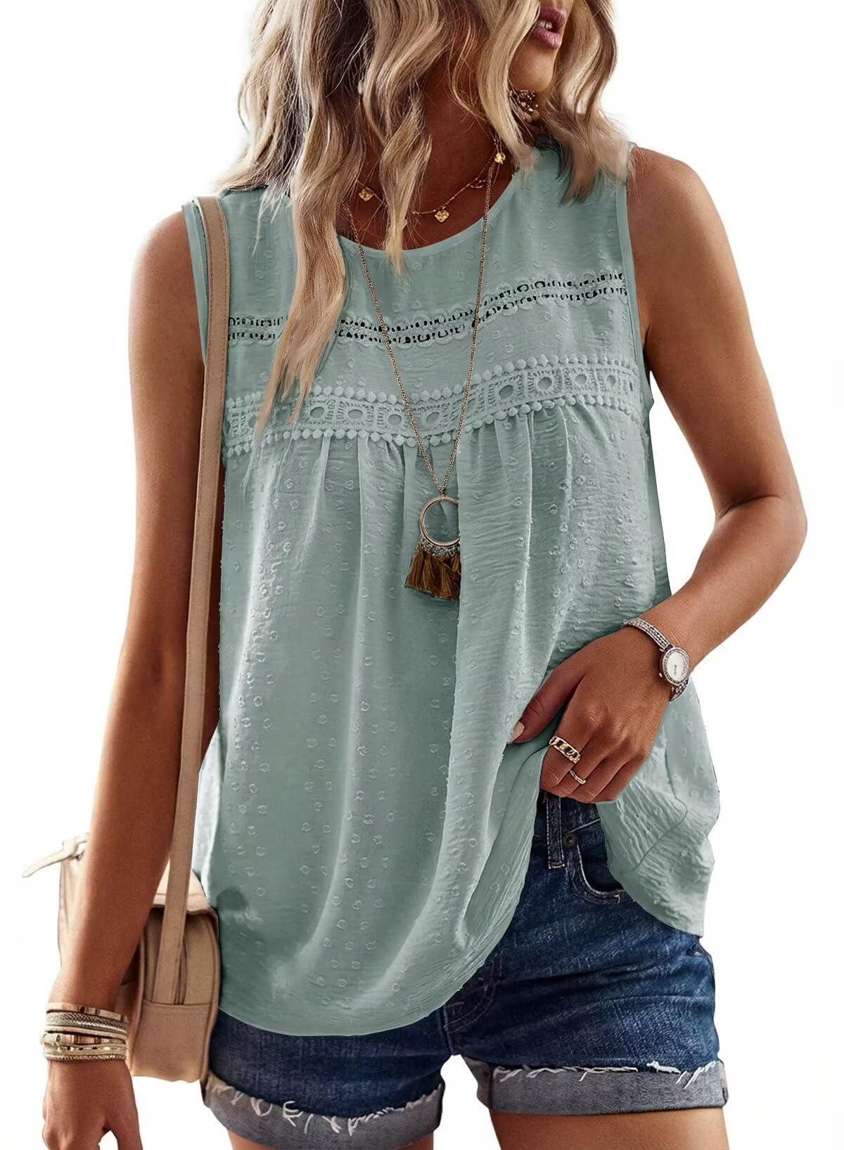 TUUHAW Tank Top Damen Sommer Bluse Ärmellose Oberteile Elegant Swiss Dot | Rundhal Ausschnitt Oberteile, Boho Swiss Dot T Shirt, Lässig Basic Fließend, Paspel Süß Tunika, Sexy Spitze Outfits Träger