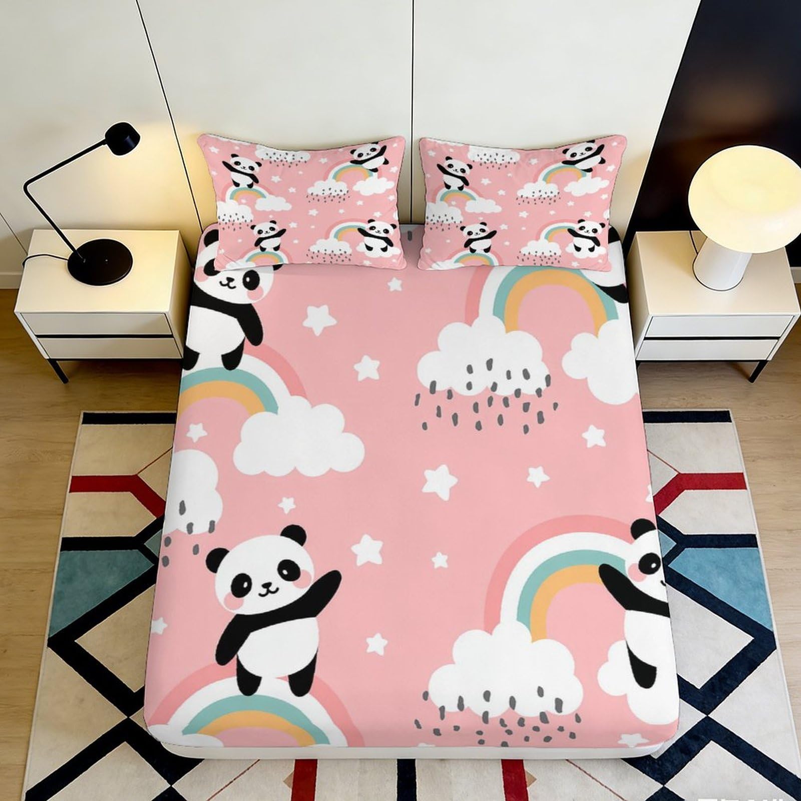 Pnayamiorkfel Style-7 3D Printed Panda Rainbow Fitted Sheet Microfiber Soft Pink Bed Cover For Bedroom Guest Room Decor Easy Care 90X200x25cm