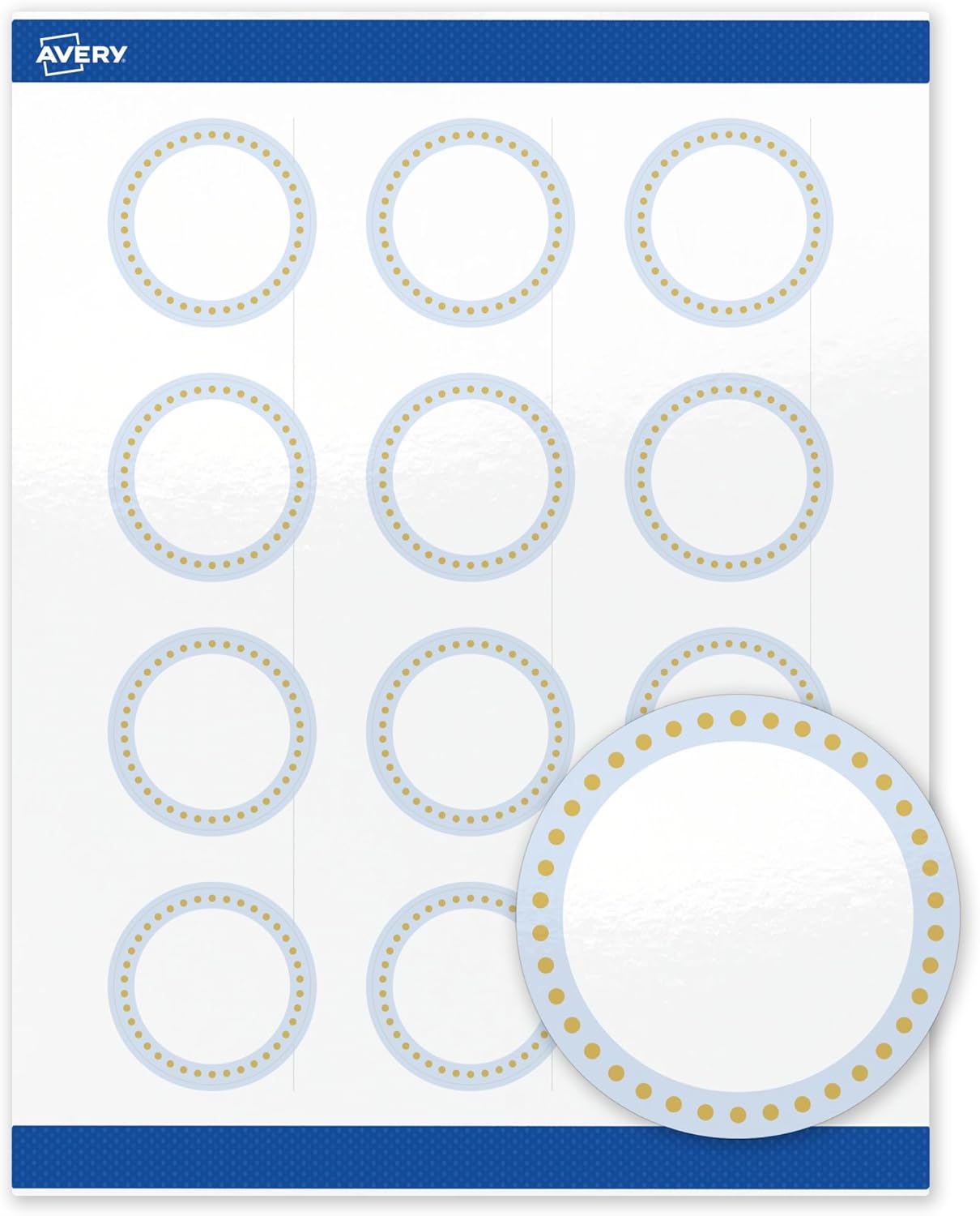 Avery Printable Round Labels, Sure Feed Technology, Blue Border, Gold Dots Design, 2" Diameter, Glossy White, Permanent Adhesive, Laser/Inkjet, 120 Total, Great for Product Merchandising