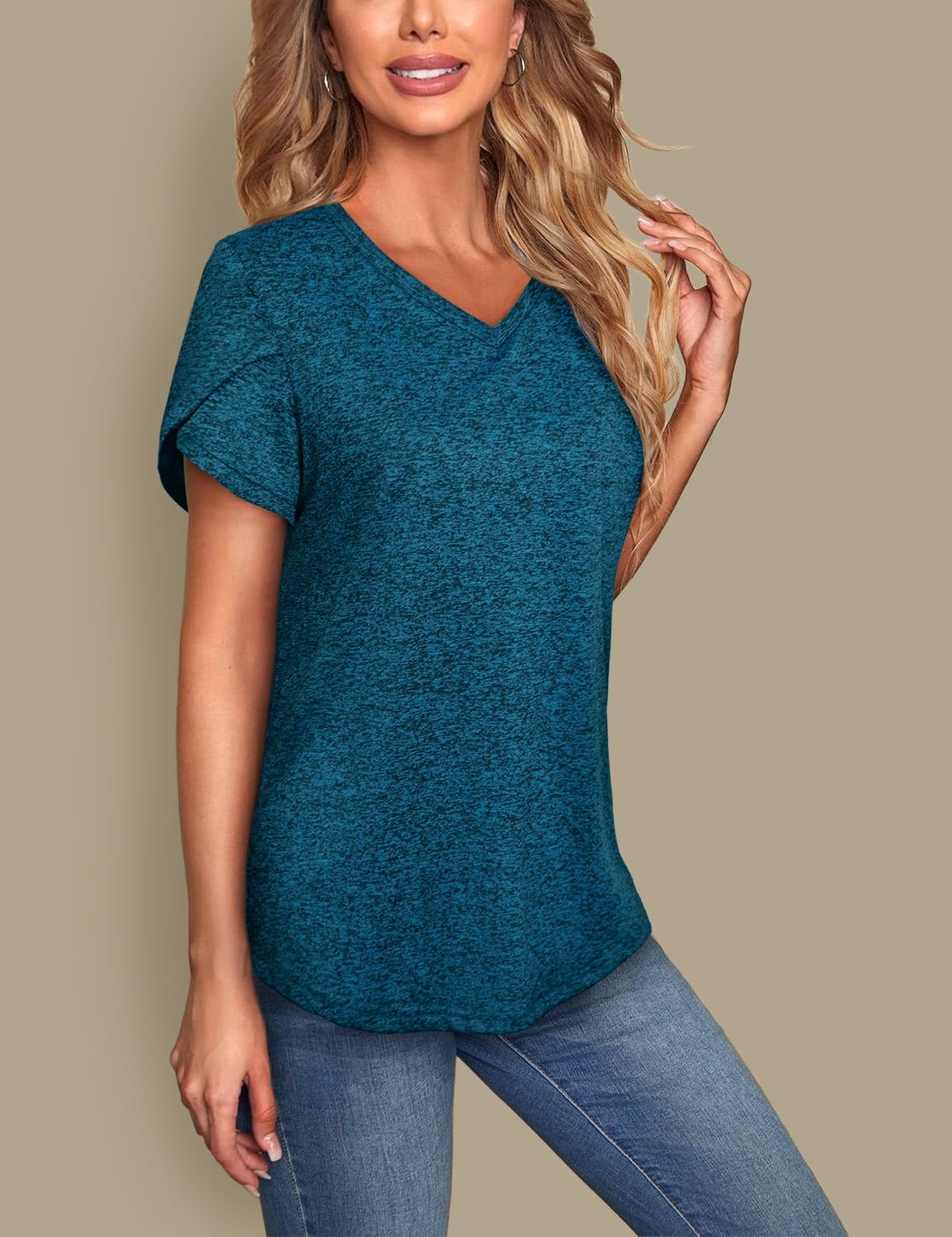 MISS FORTUNE Womens V-Neck Short Sleeve Activewear T-Shirt Petal Sleeve Casual Athletic Moisture Wicking Fitness Tops - Image 2