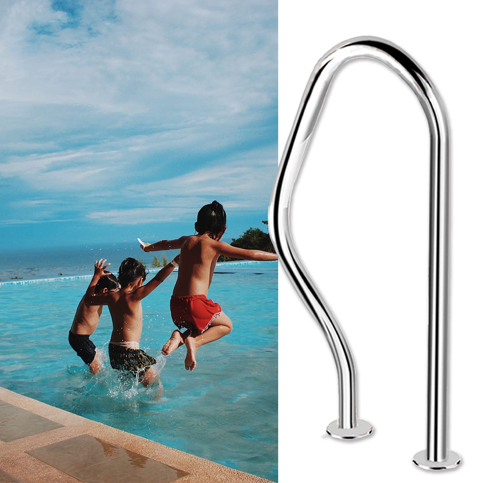 Pool-Handlauf 80 x 47 cm Edelstahl-Pool-Griff, 3-Bogen-Spa-Geländer-Haltegriff, silberner Pool-Handlauf für Schwimmbäder, Neigungspositionen, Wasserpark usw.