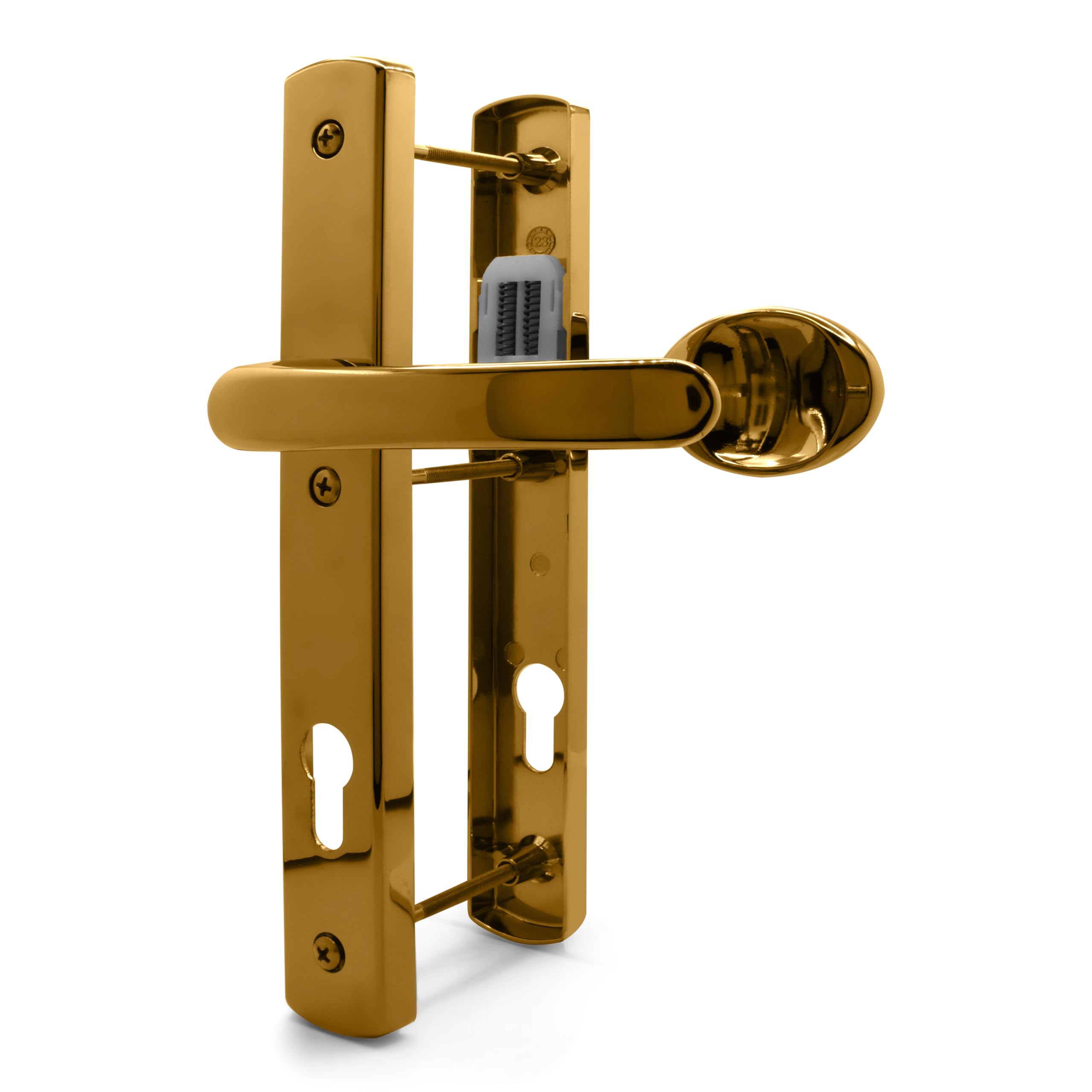 TSS White UPVC Door Handle Pair Set, Lever Moveable Pad 92mm PZ (Centres), Sprung, Lever Lever, 215mm Top Screw to Bottom Screw, 3X Fixing Points, Backplate 260mm x 35mm (Polished Brass)