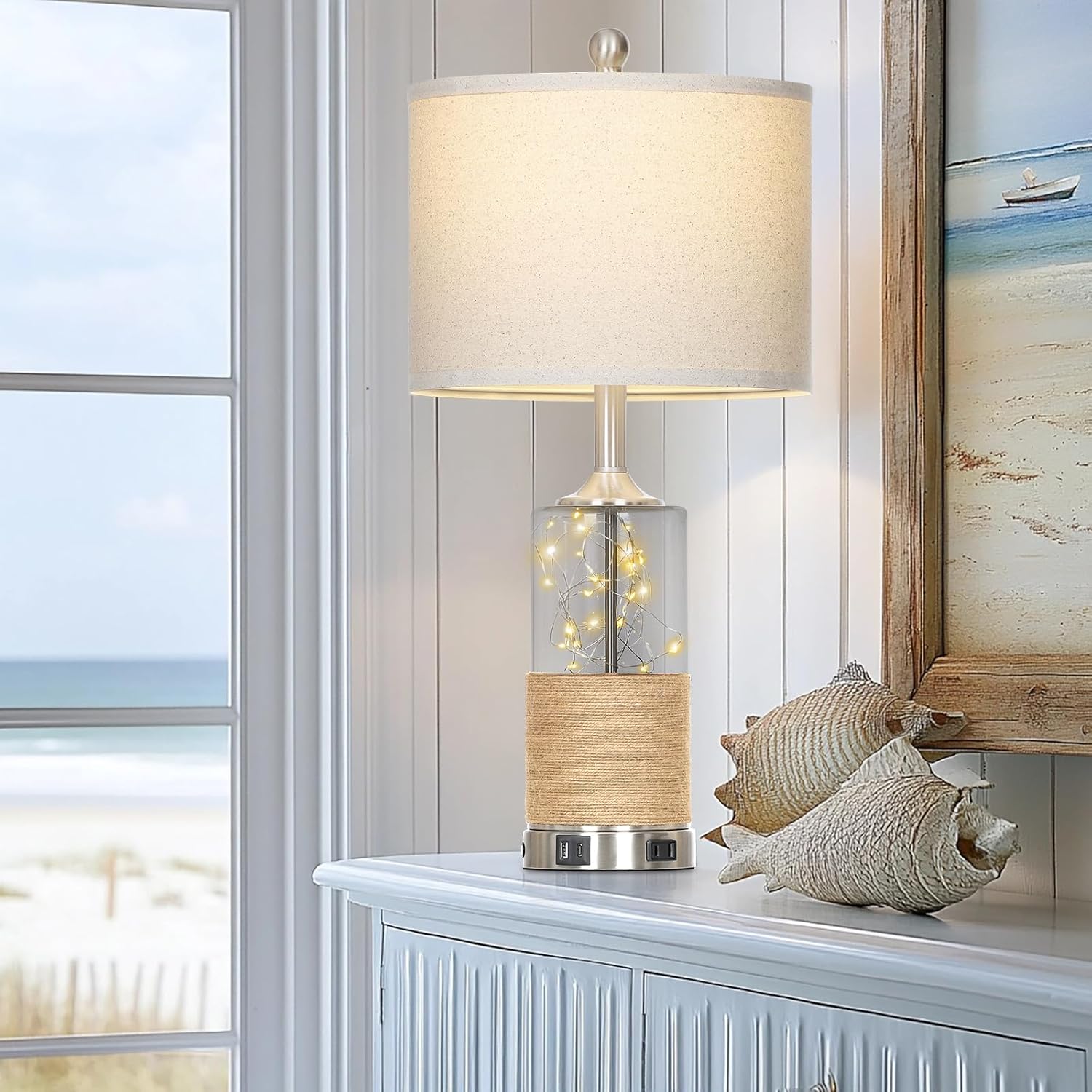 Illuminate Your Space: 25" Coastal Glass Lamps - Modern Elegance with Touch Control & USB Ports!