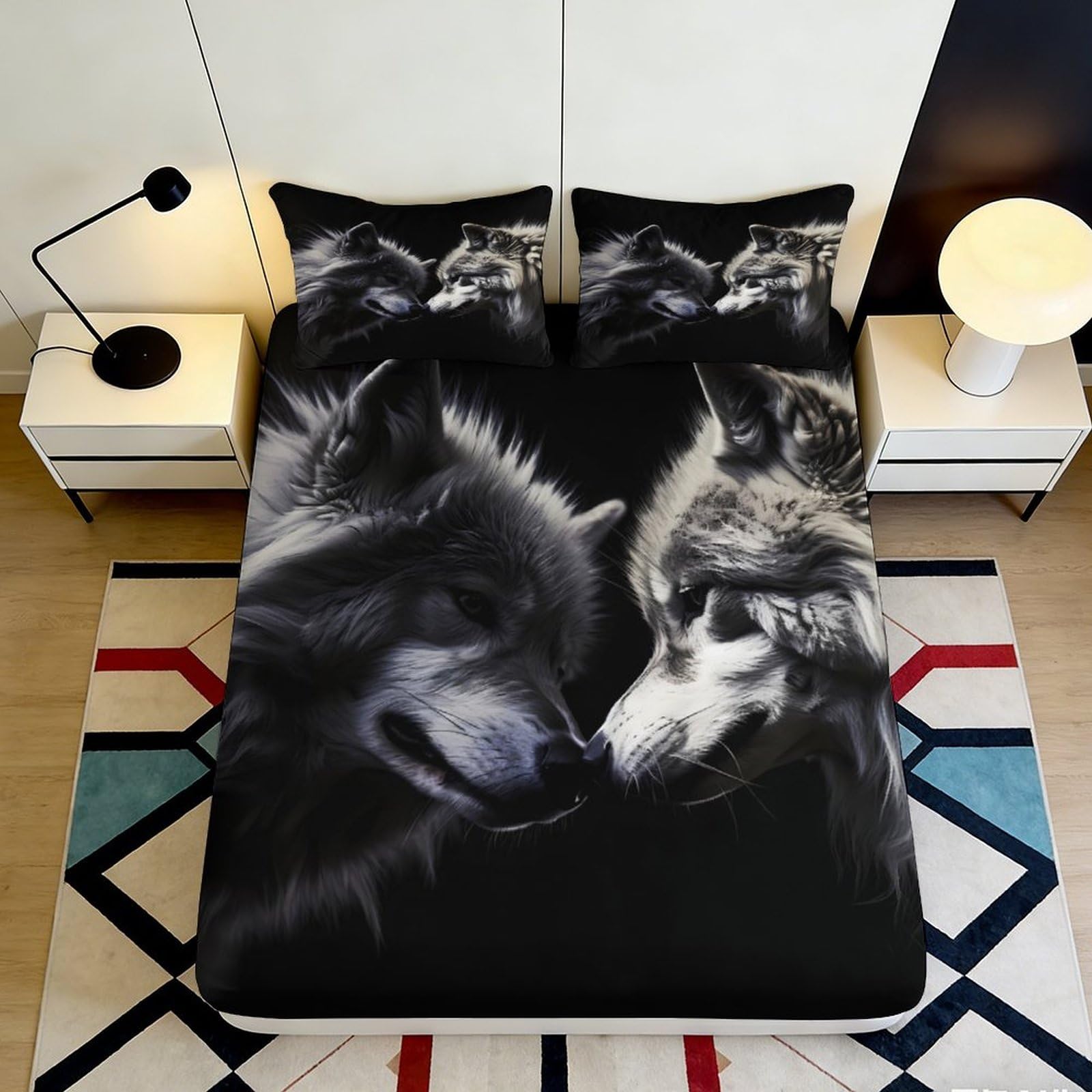 3D Printed Wolf Couple Fitted Sheet Microfiber Soft Breathable Wolf Face Bed Cover for Bedroom Dormitory Guest Room Mattress Protection Decor 120x200x25cm