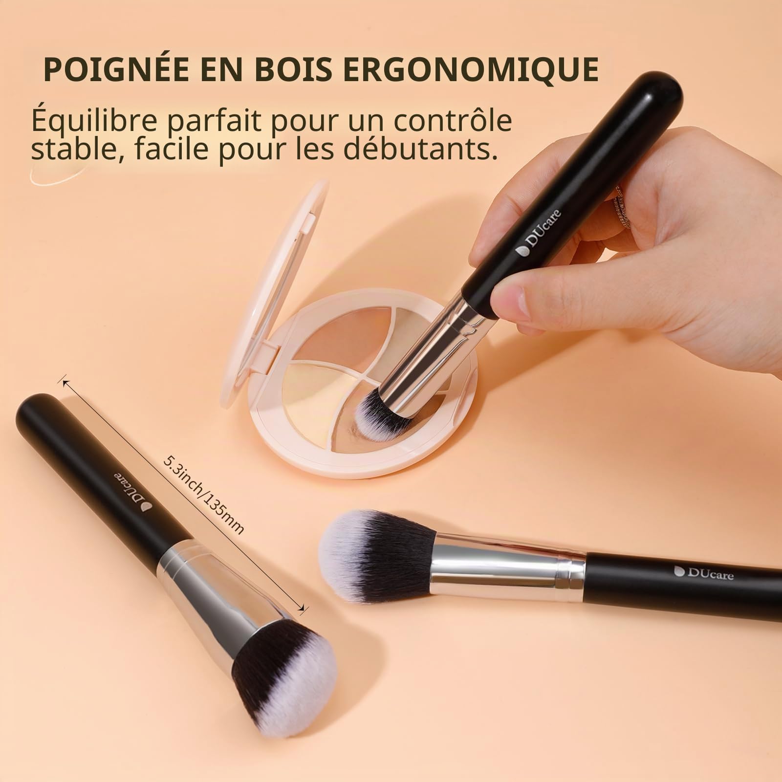 DUcare Lot de 3 pinceaux de maquillage pour le visage - Fond de teint, correcteur, blush - Poils doux et denses - Pour estomper la crème liquide, le polissage, l'anti-cernes