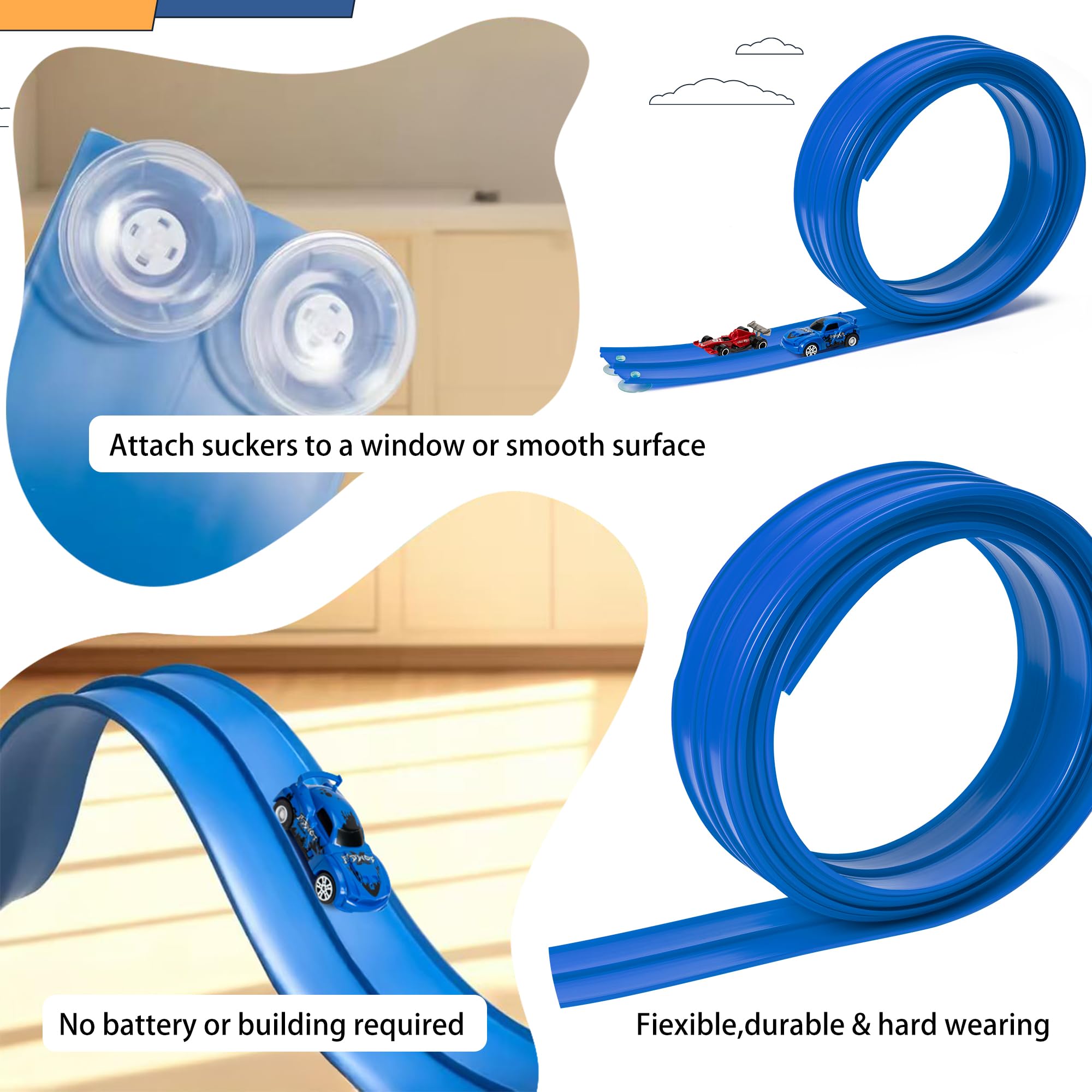 GROBRO7 Toy Car Flexible Track for Racing, 5M Two Lane Die-Cast Car Track with 4 Race Cars, Rolls Up Mounts on Doors, Walls - Image 4