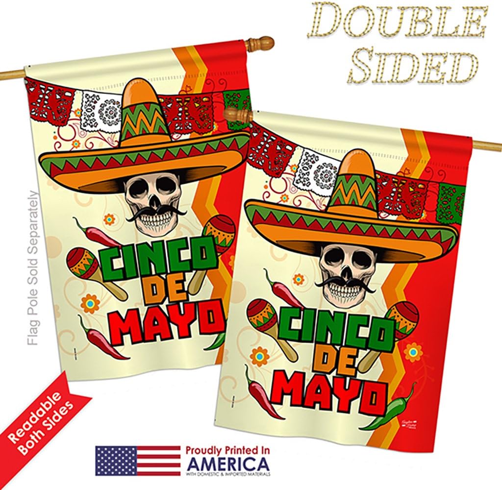 H137045 Calavera Cinco de Mayo Decorative Vertical House Flag, 28" x 40", Multicolor