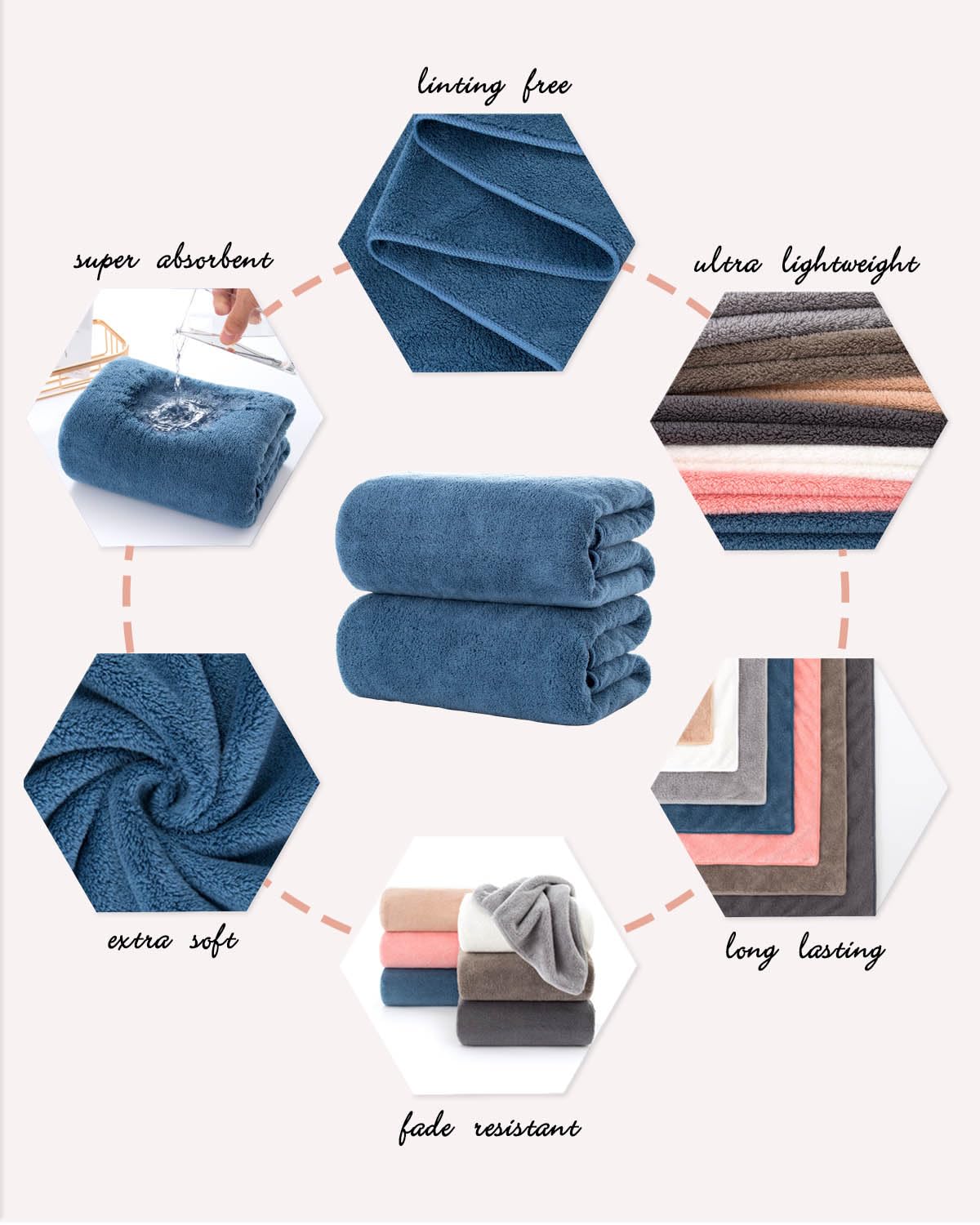Lumimi Towels 2 Piece Very Soft Microfiber Bath Towel Set Super Absorbent Light Quick Dry and Durable, 55" L x 27" W, 2 Pack Blue - Image 2
