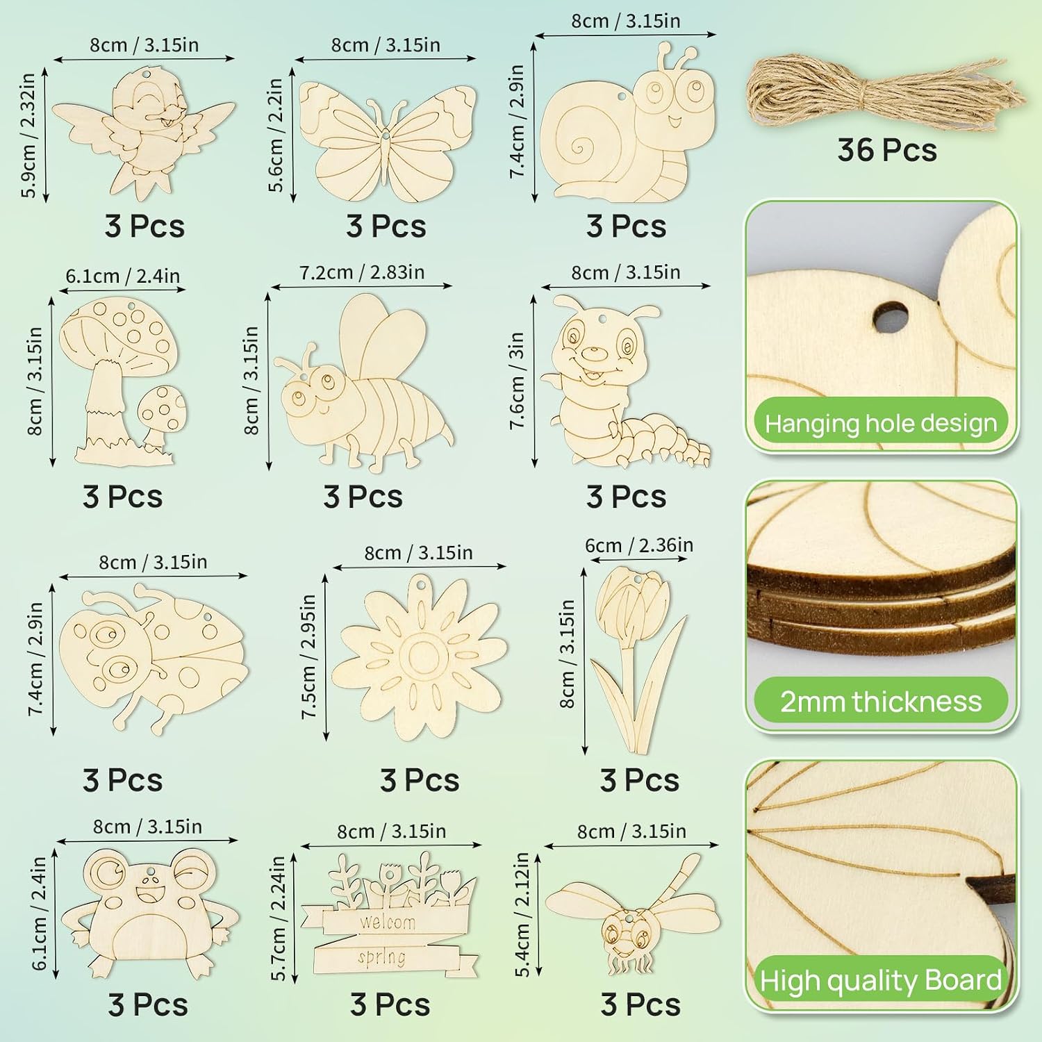 Unfinished Wood Crafts, 36 Pcs Wooden Crafts to Paint, 12 Styles Blank Wooden Spring Ornaments to Paint, Butterfly Dragonfly Snail Flower Shape for DIY Crafts Home Decoration Craft Project