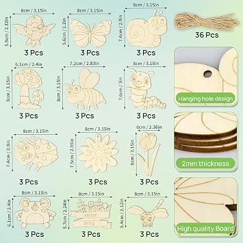 Unfinished Wood Crafts, 36 Pcs Wooden Crafts to Paint, 12 Styles Blank Wooden Spring Ornaments to Paint, Butterfly Dragonfly Snail Flower Shape for DIY Crafts Home Decoration Craft Project