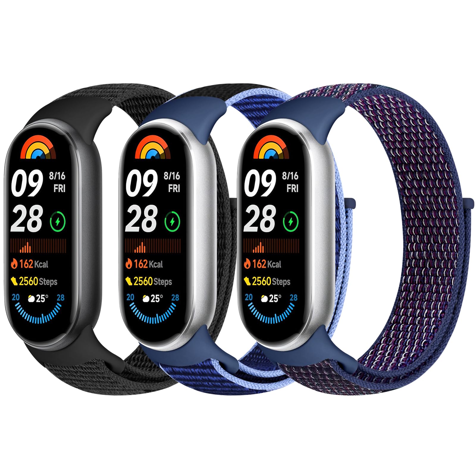 ナイロンスポーツバンド Xiaomiスマートバンド10/9/8に対応 レディース メンズ ソフト 調節可能 通気性 スポーツループ ウォッチストラップ 交換用リストバンド Xiaomi Mi Band 10/9/8用 3個