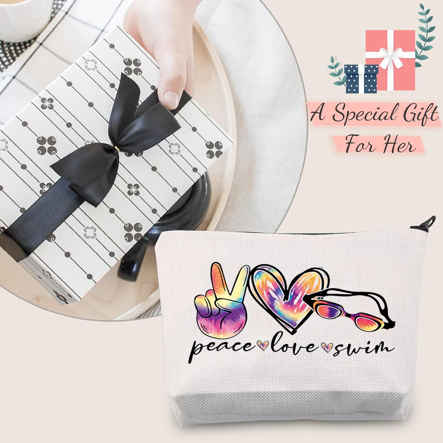 JXGZSO Funny Swimming Gift Peace Love Swim Makeup Bag With Zipper Swimmer Cosmetic Bag Gift For Swim Lover Coach - Image 6
