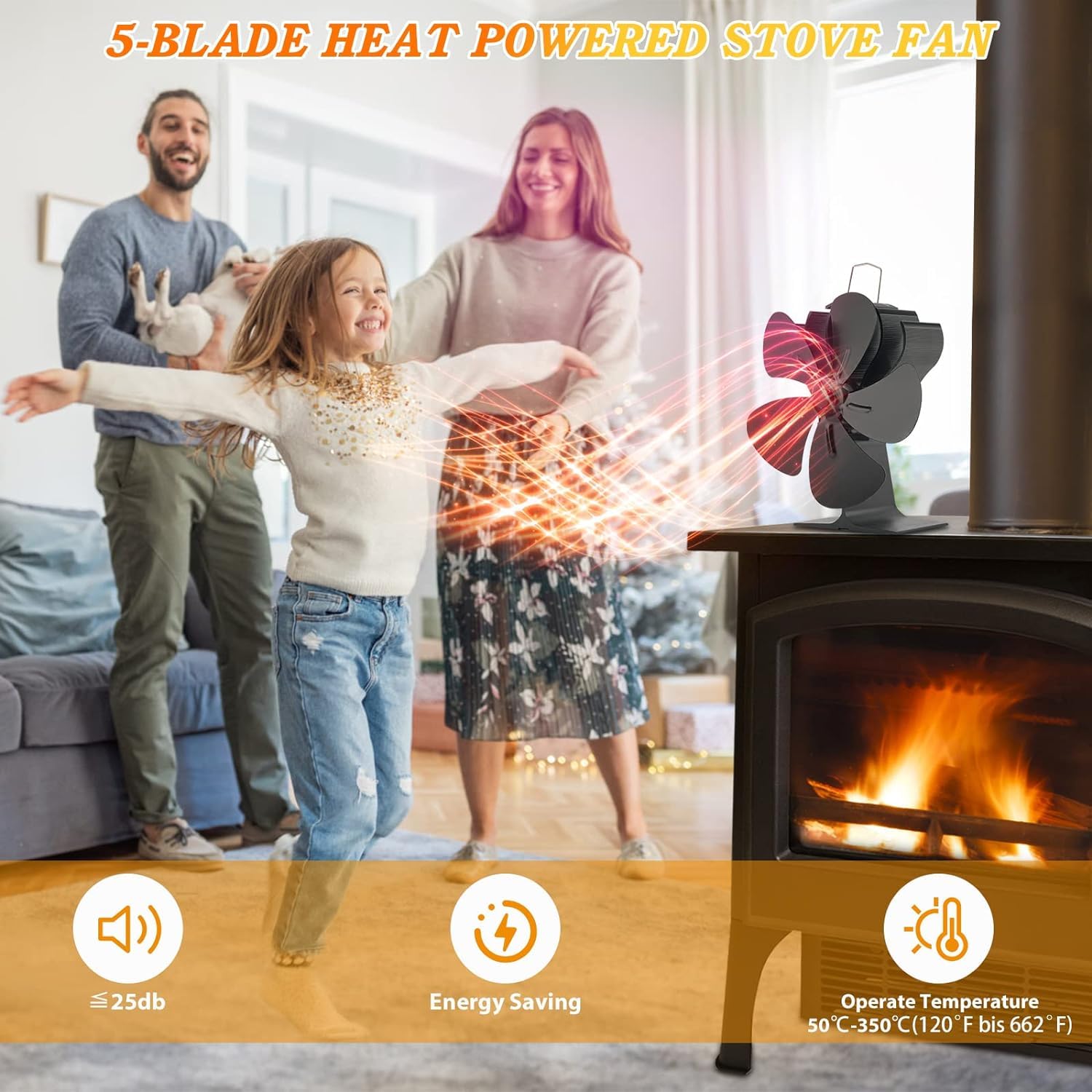Lot de 2 ventilateurs de poêle à bois, 5 pales, ventilateur à bois, ventilateur de cheminée silencieux et économique, accessoires de brûleur à bois, pour poêle à bois