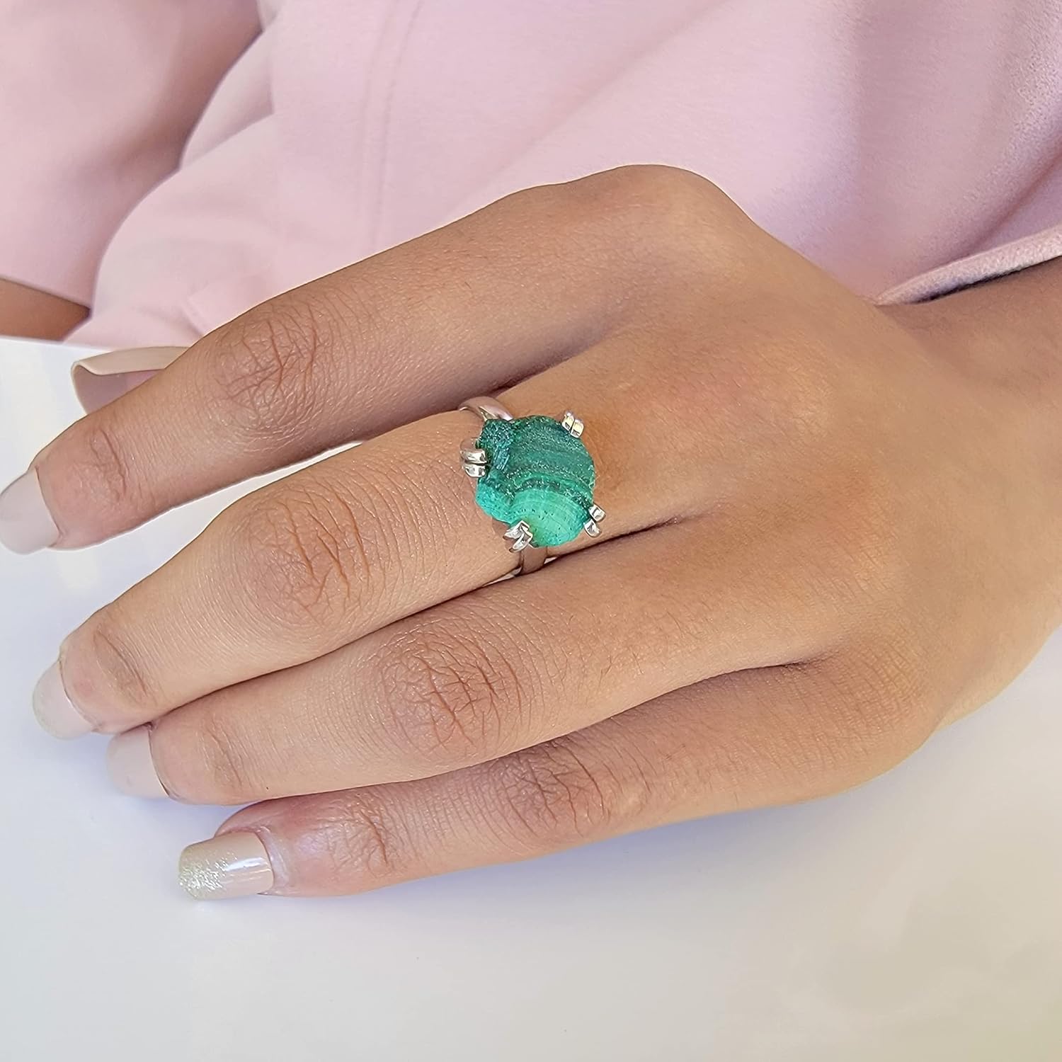 Natural raw gemstone adjustable finger ring with white gold over 925 sterling silver, perfect birthstone gift for her, Uniquelan Jewelry - Image 5