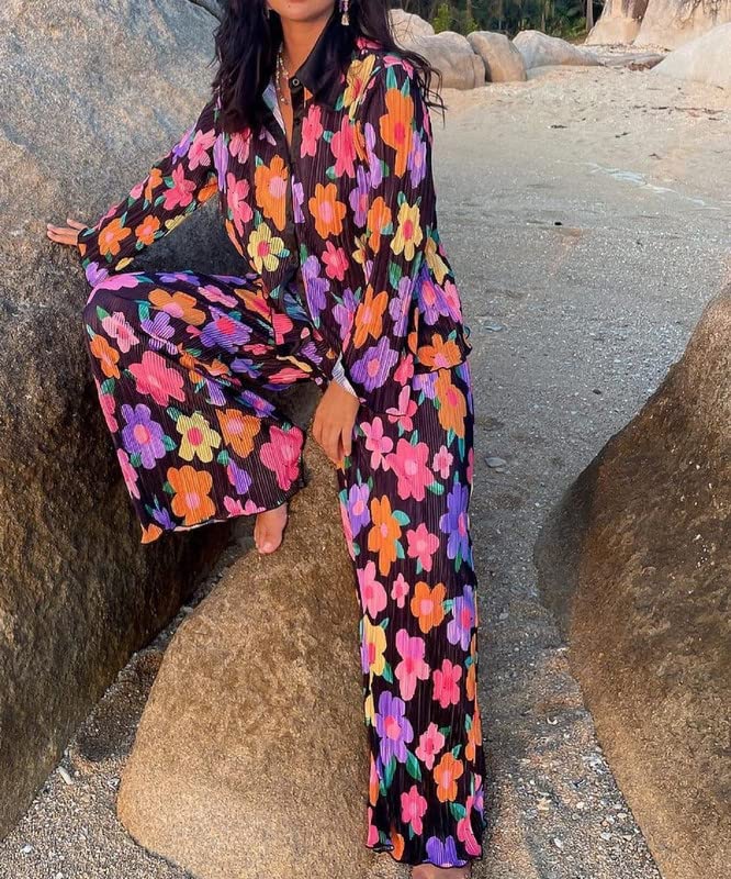 NUFIWI Women Pleated Two Piece Pants Set Print Long Sleeve Button Down Shirt and Pants Oversized Fashion TIK Tok Suit Set2